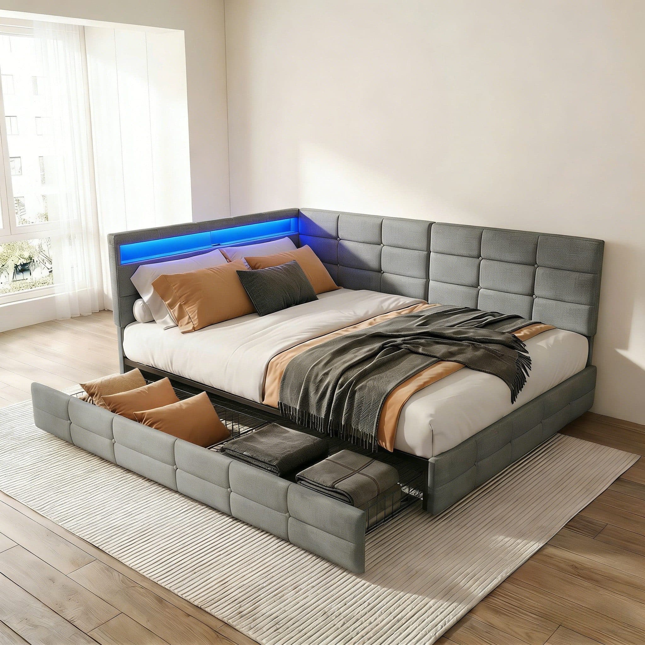 Gdood LED Polsterbett 140x200 Grau mit Schubladen - Bild 2