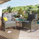 KLAM HOME 3-teiliges Rattan Balkonset Grau mit Schaukelstühlen und Glastisch Bild 2