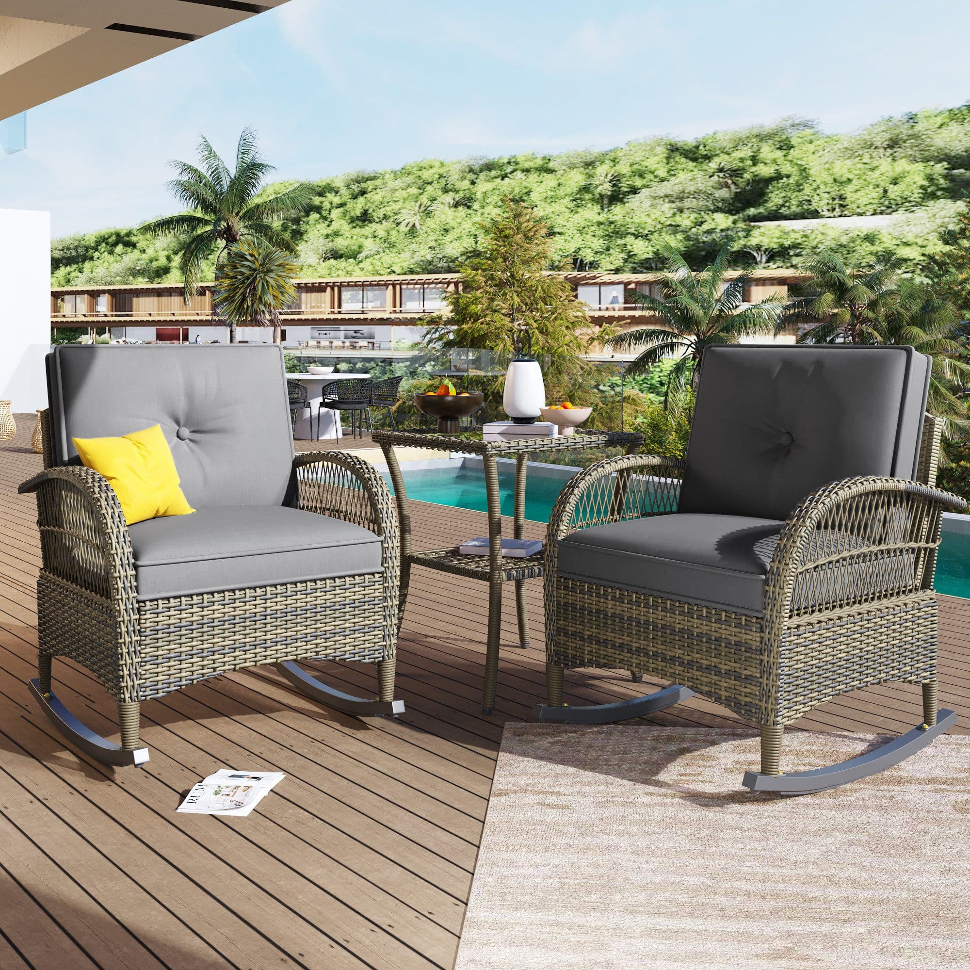 KLAM HOME 3-teiliges Rattan Balkonset Grau mit Schaukelstühlen und Glastisch - Bild 2