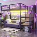 Merax Hochbett Metallbett 90x200cm mit LED Stauraumtreppe Kleiderschrank Gitter Bild 2