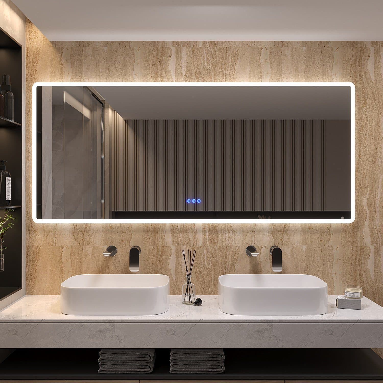 AQUALAVOS Badspiegel 160x70cm mit LED Beleuchtung Touch/Wandschalter Wandspiegel Beschlagfrei Kalt/Warm Licht Dimmbar Helligkeit-Speicherfunktion - Bild 2