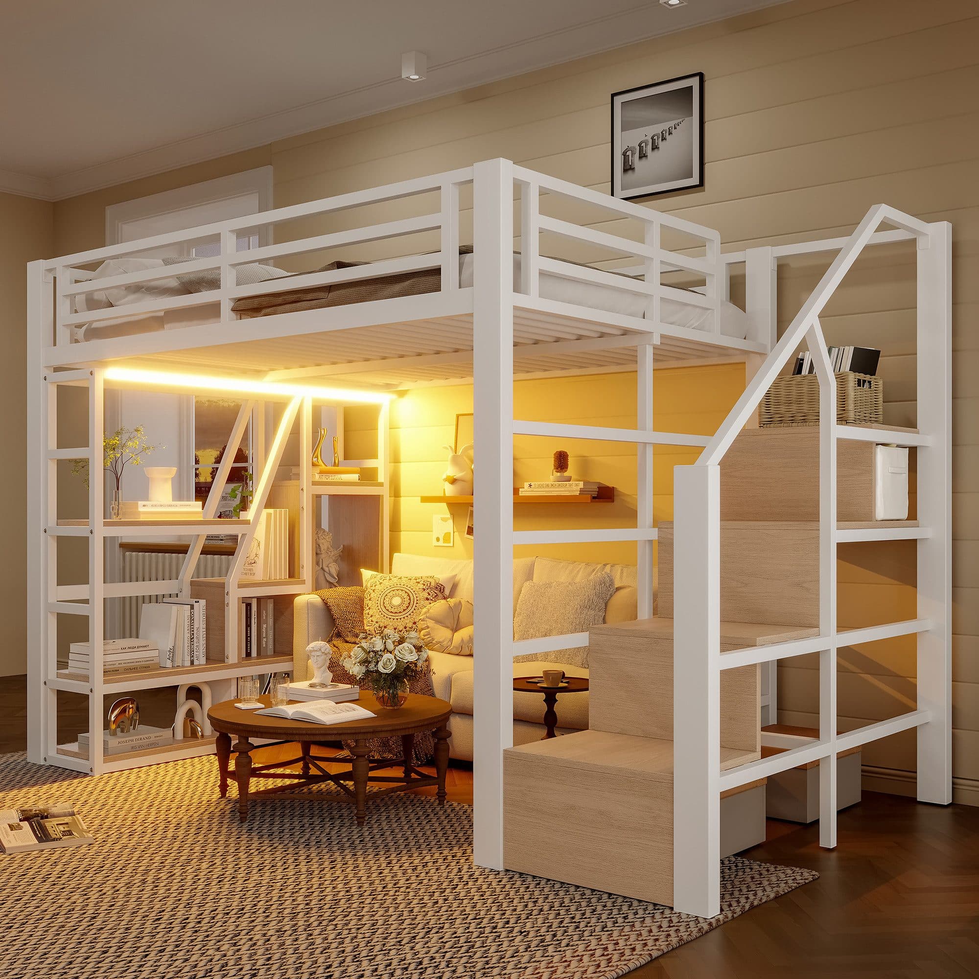 Flieks Hochbett Metallbett mit LED-Leiste, Regalen und Treppe - Bild 2