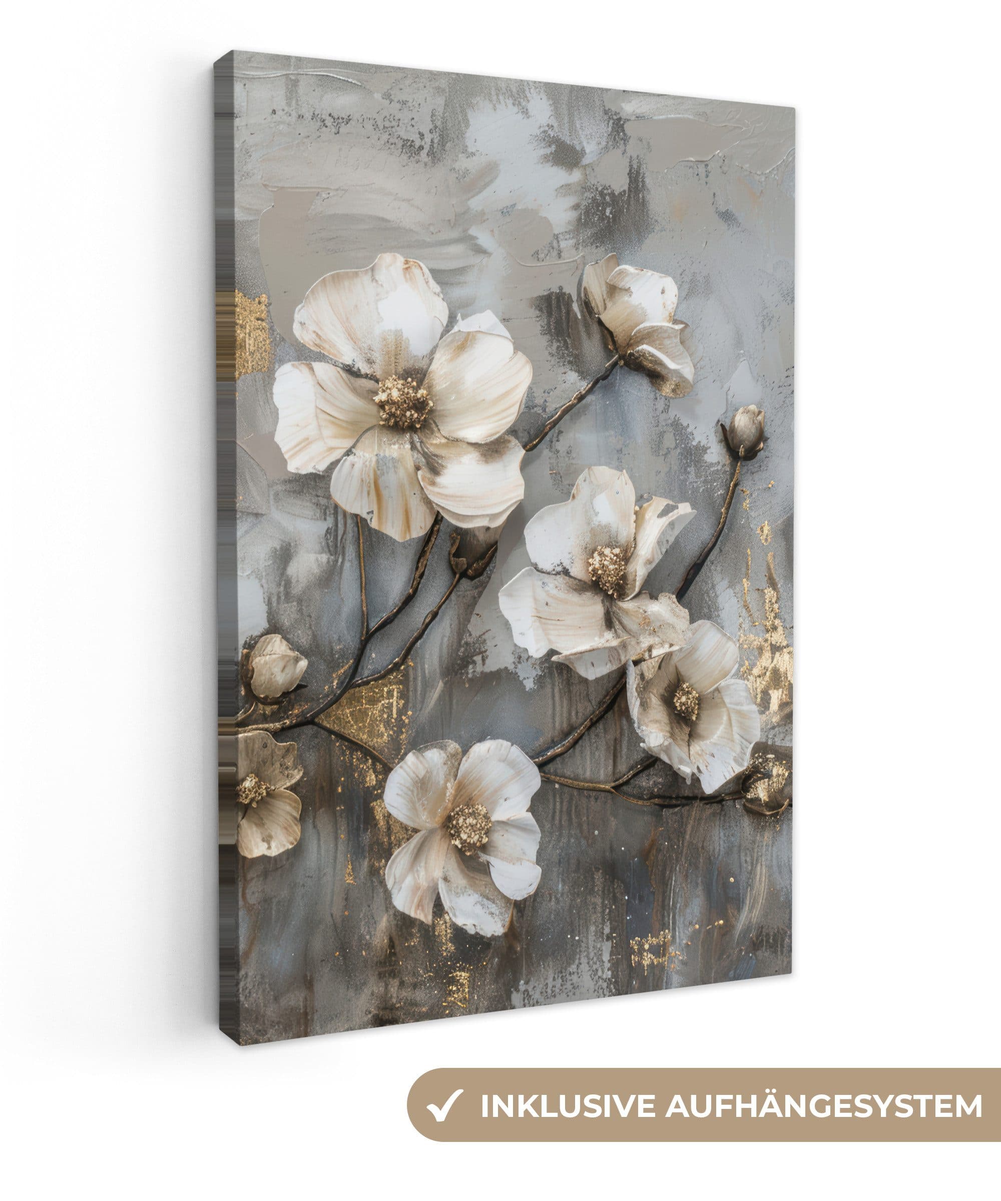 OneMillionCanvasses® Leinwandbild Blumen Weiß-Grau-Gold Fotodruck 20x30 cm - Bild 2
