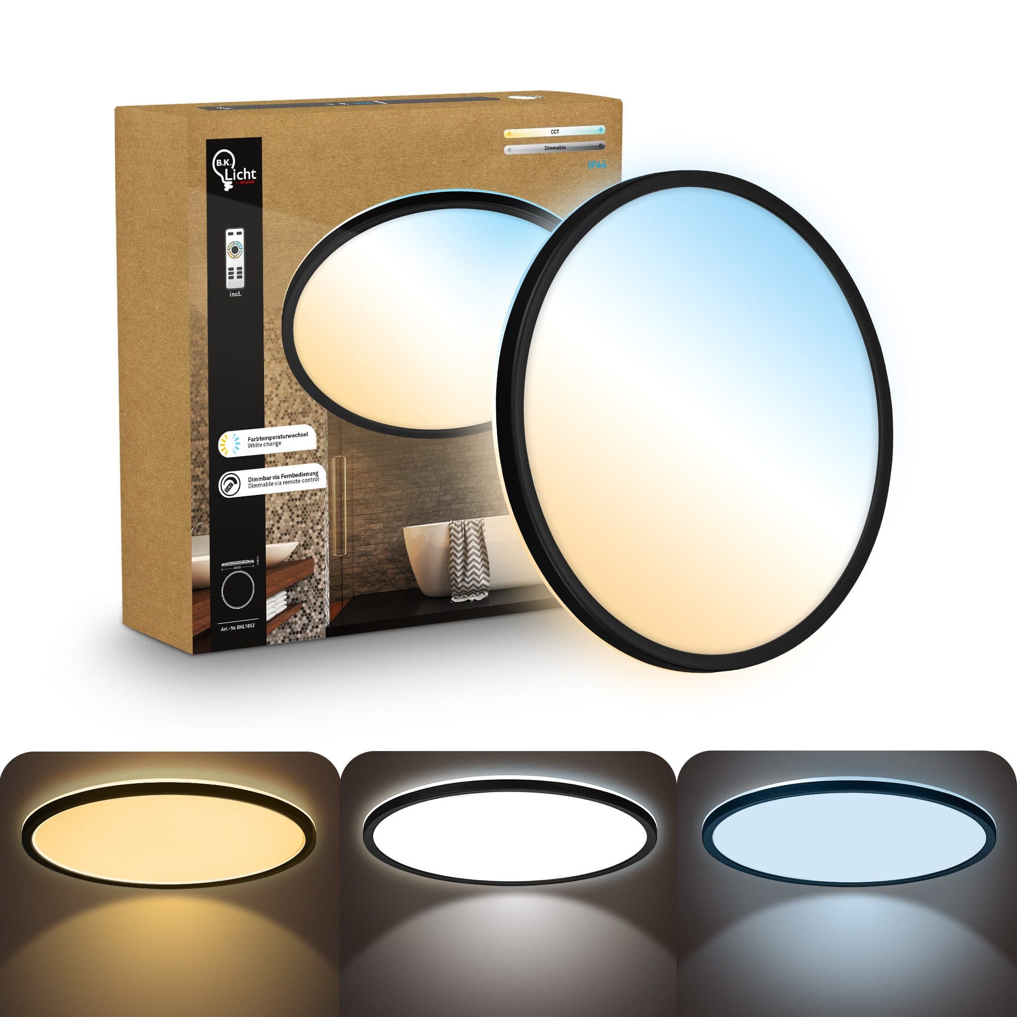 B.K.Licht LED Panel Deckenleuchte CCT Dimmbar IP44 Schwarz/Weiß - Bild 2
