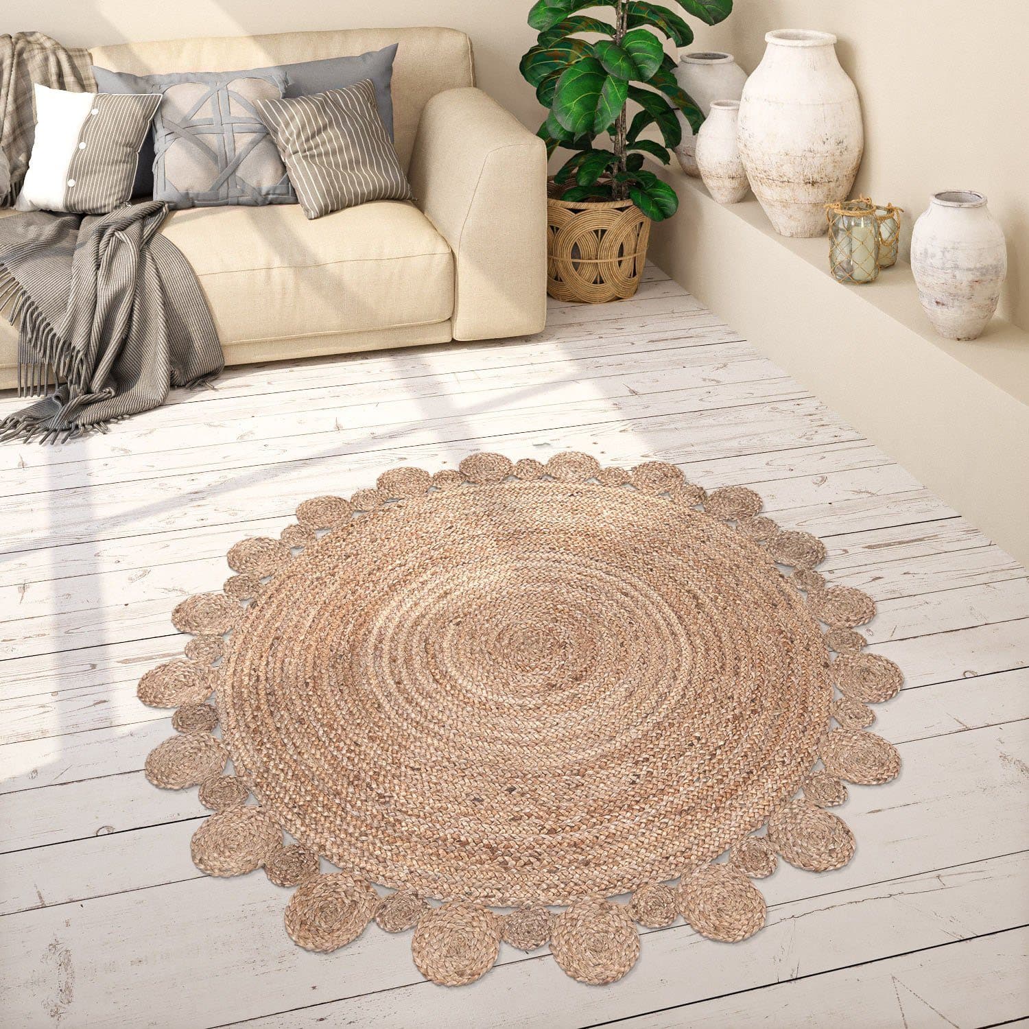 PACO HOME Viborg 592 Teppich Beige Jute Rund 120cm Boho - Bild 2