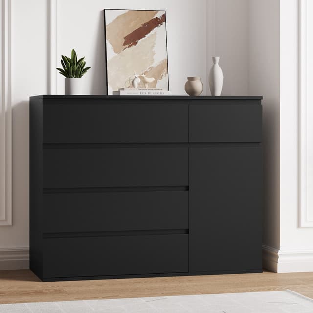 Homfa Schwarz Kommode mit 5 Schubladen und Tür - Hochwertiges Sideboard