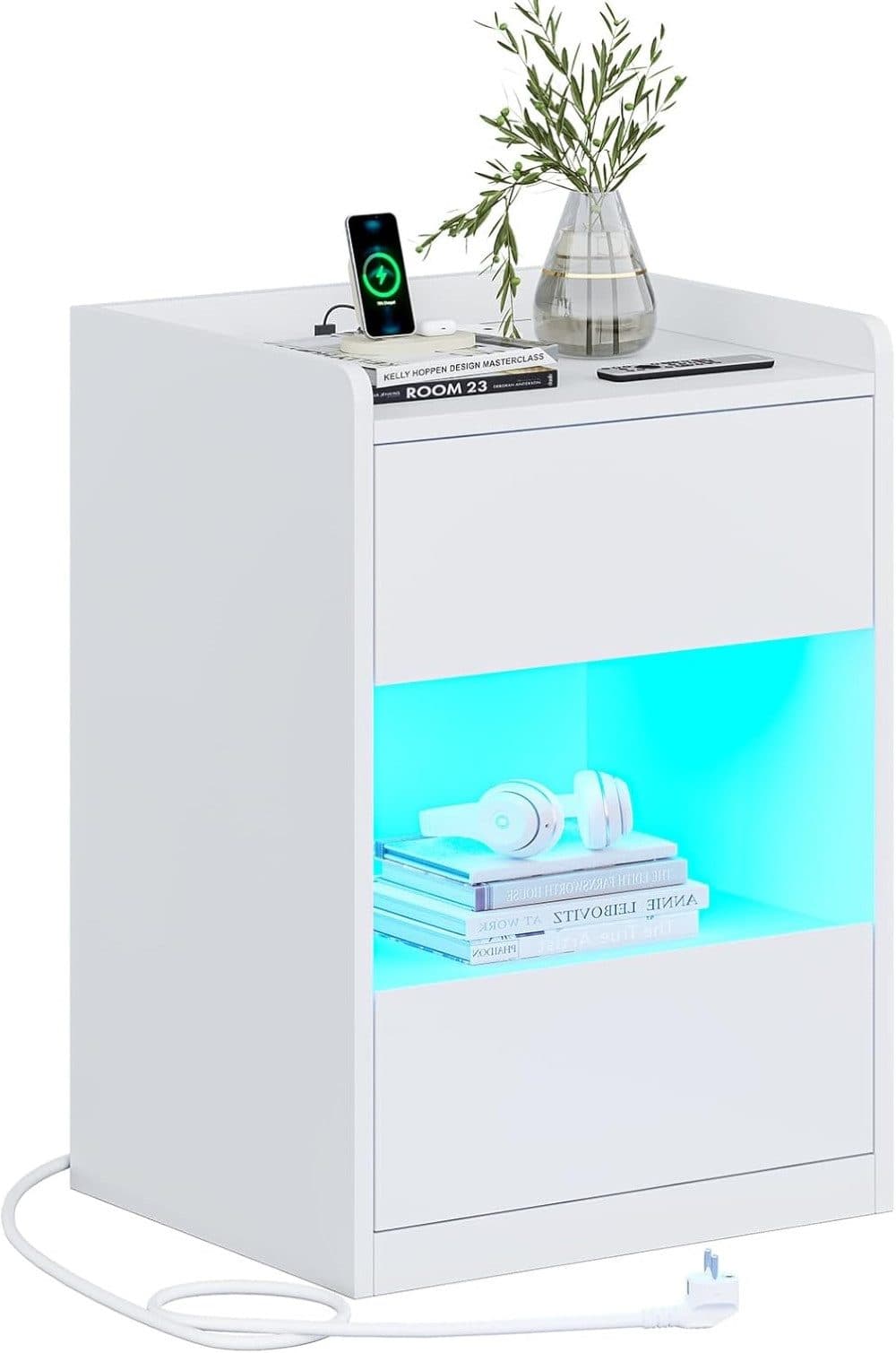 MSMASK Nachttisch mit LED-Beleuchtung und Ladestation, Schwarz/Weiß - Bild 2