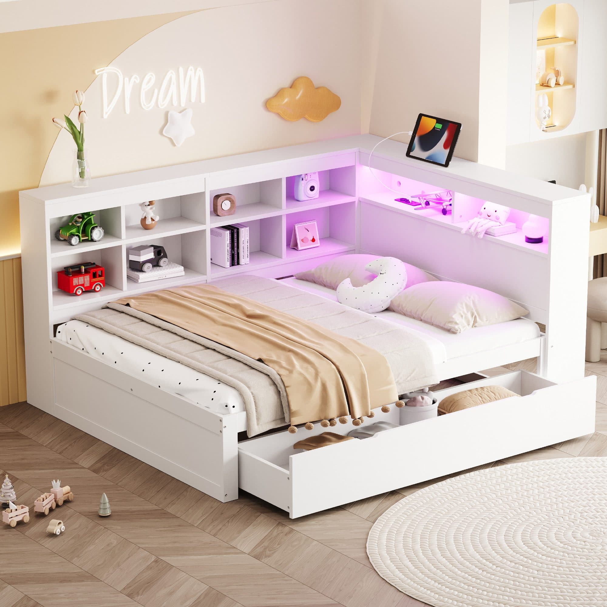 Flieks Massivholzbett mit LED, USB und Stauraum Weiß - Bild 2