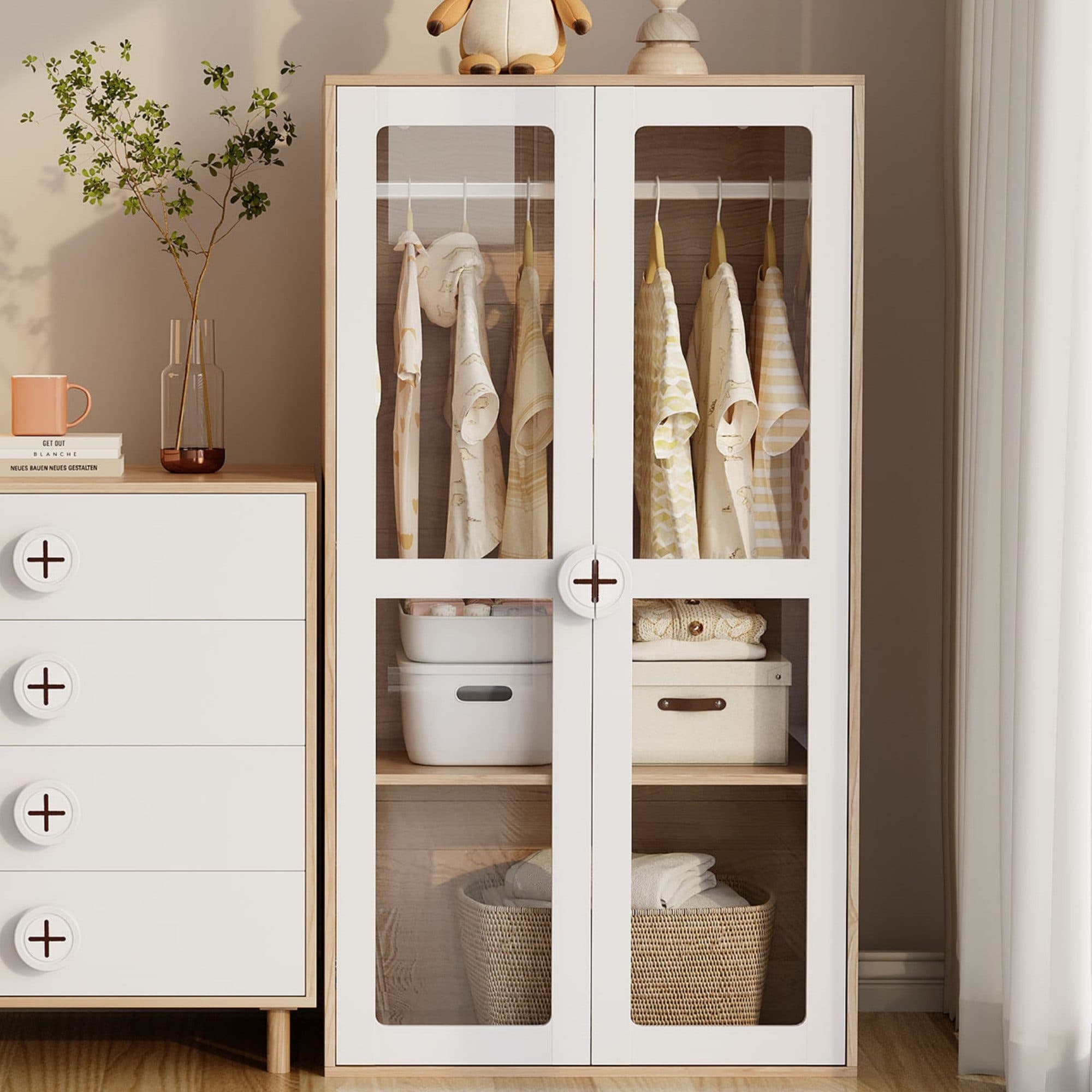 Ulife Kleiderschrank 2-türig mit Glastüren & verstellbaren Regalen - Bild 2
