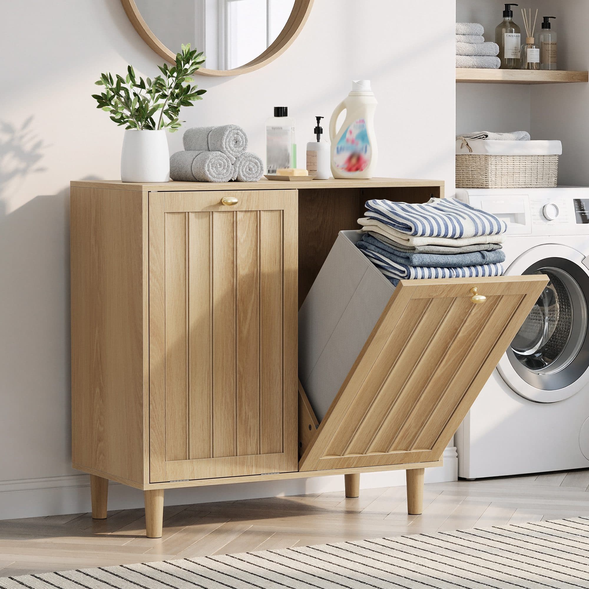 Yorbay Wäschekorb Badschrank mit herausnehmbarem Innenkorb 60L Eiche - Bild 2