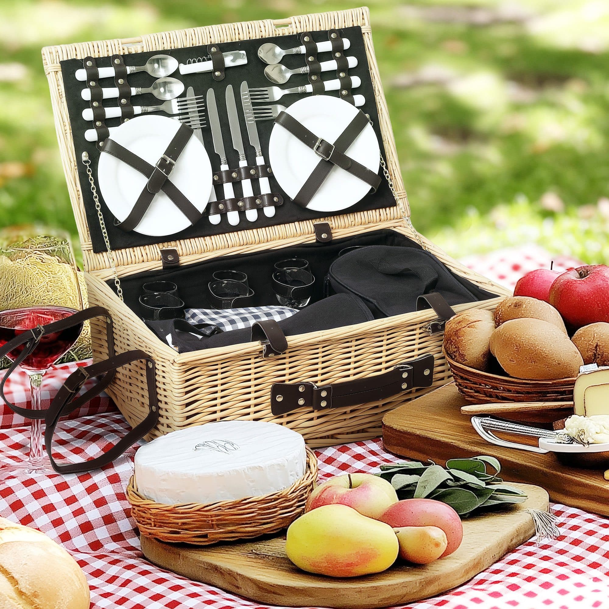 Outsunny Picknickkorb 4-tlg. Weidenholz mit Kühlfach & Decke - Bild 2