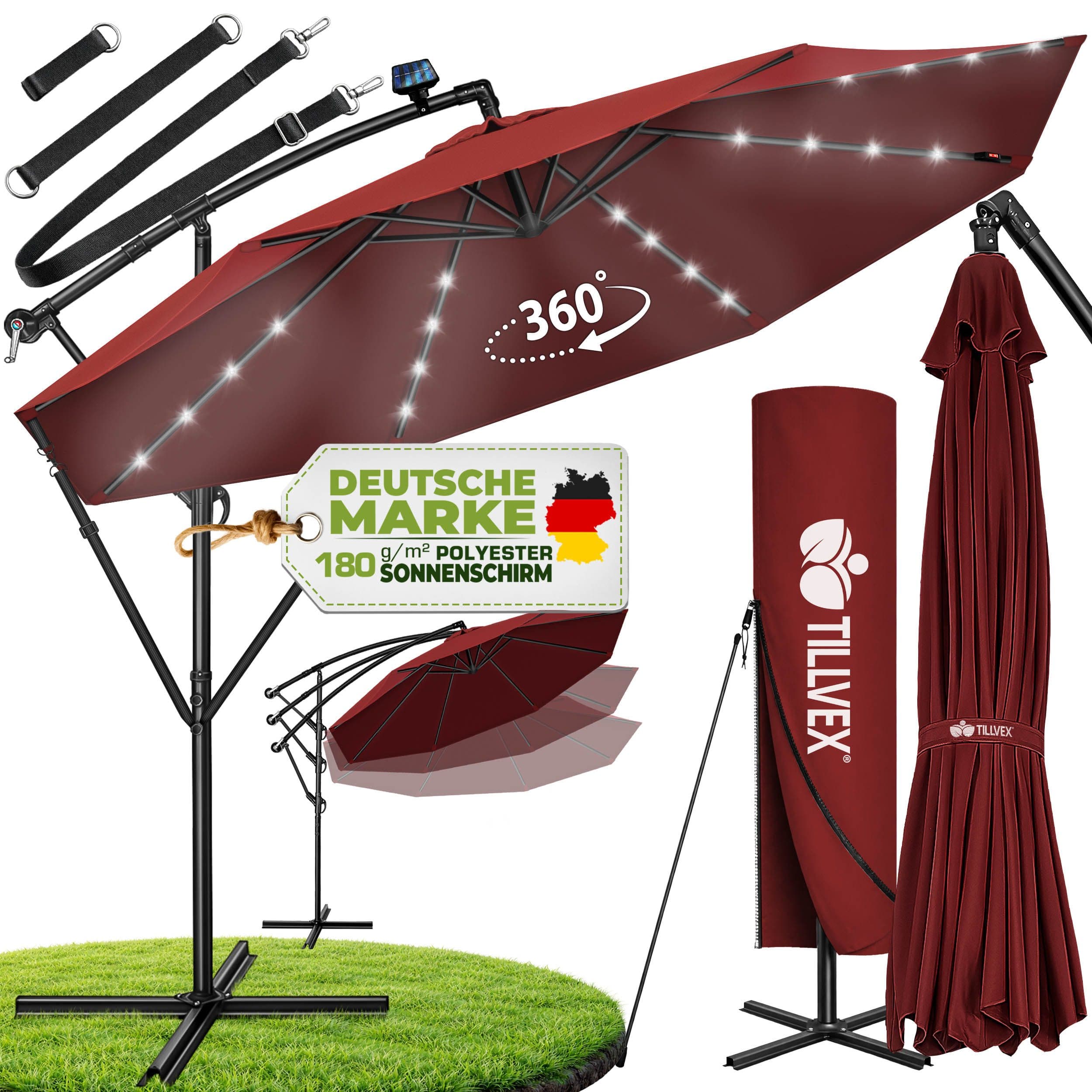 tillvex Sonnenschirm LED Solar Rot Ø 3m mit Kurbel - Bild 2