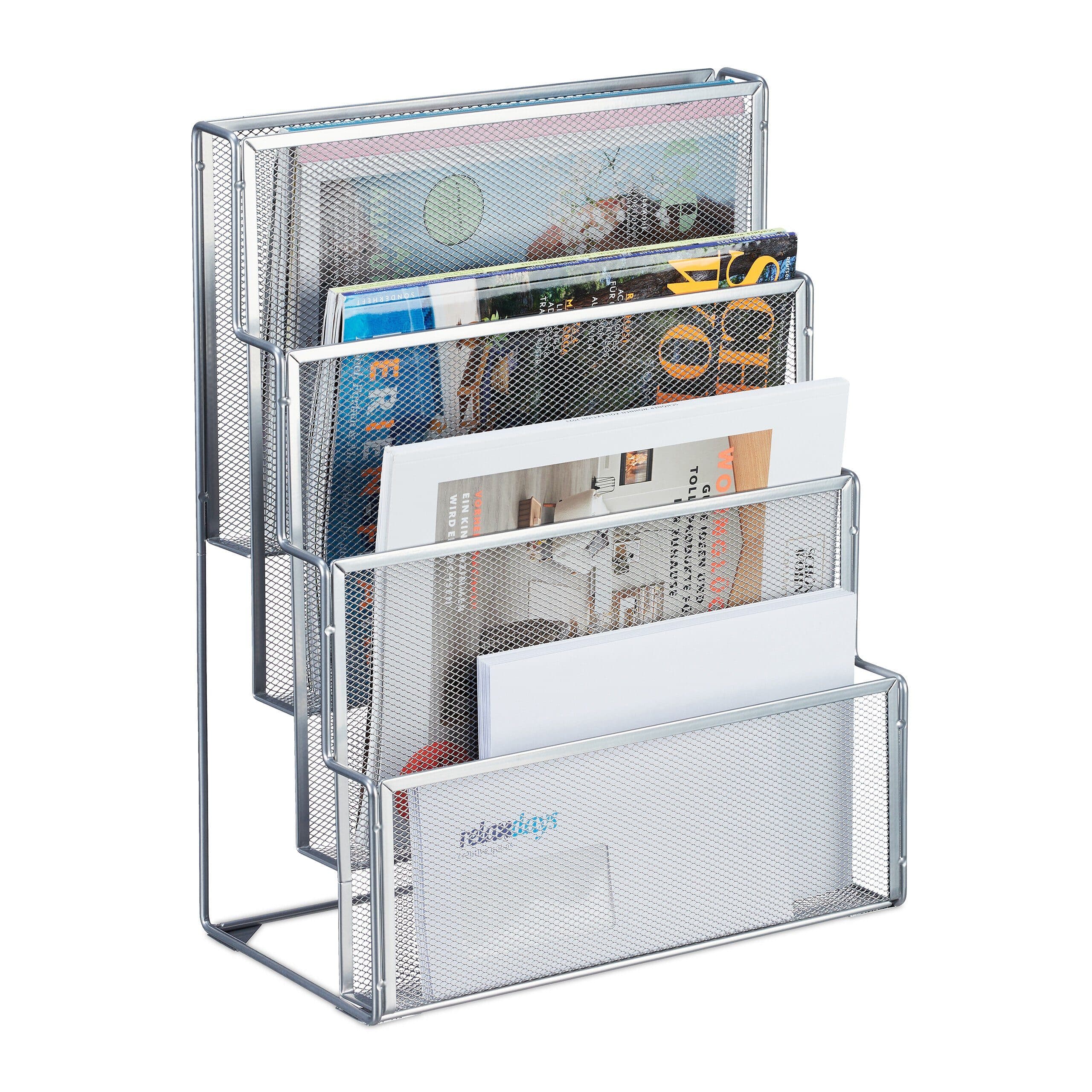 relaxdays Zeitungsständer Zeitschriftenhalter Metall 4 Fächer Silber - Bild 2