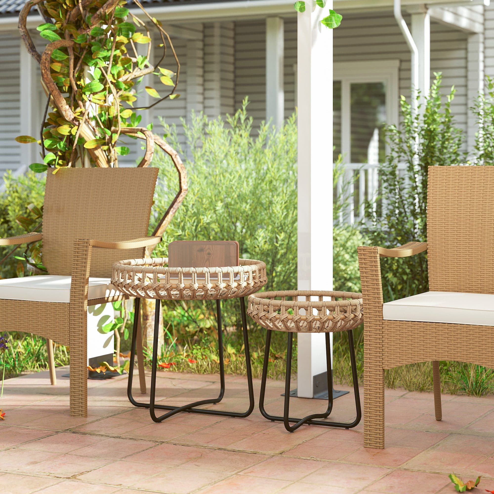 Outsunny Beistelltisch-Set 2-tlg. Braun Schwarz Polyrattan X-Beine - Bild 2