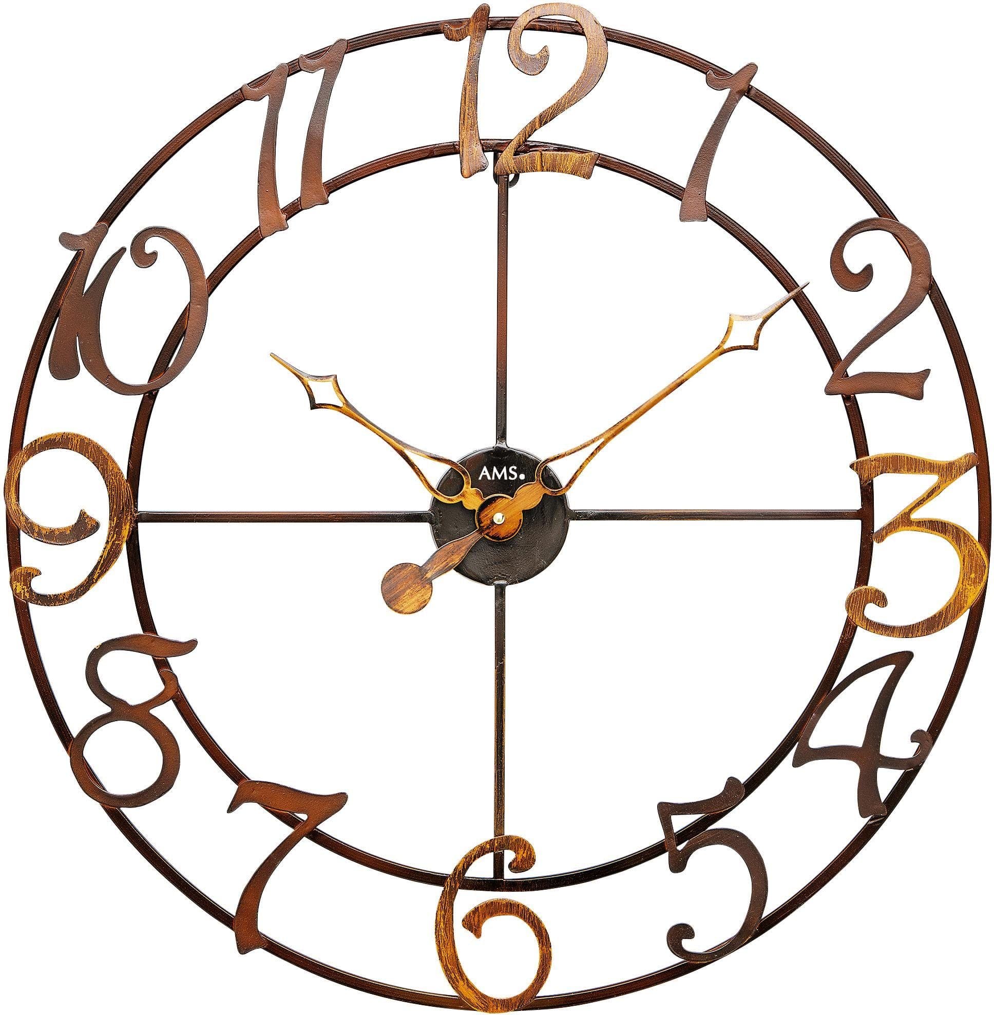 AMS Wanduhr W9566 Quarzuhr Braun Metallgehäuse für Wohnzimmer & Büro