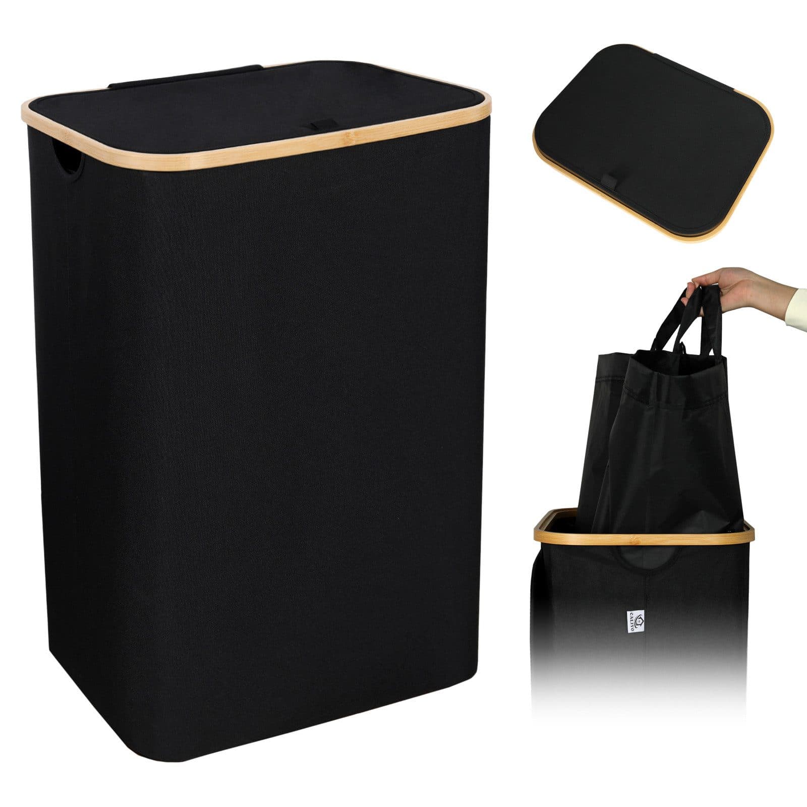CALIYO Wäschekorb mit Deckel 100L, Faltbar, Bambus-Griffe, Beige/Schwarz - Bild 2