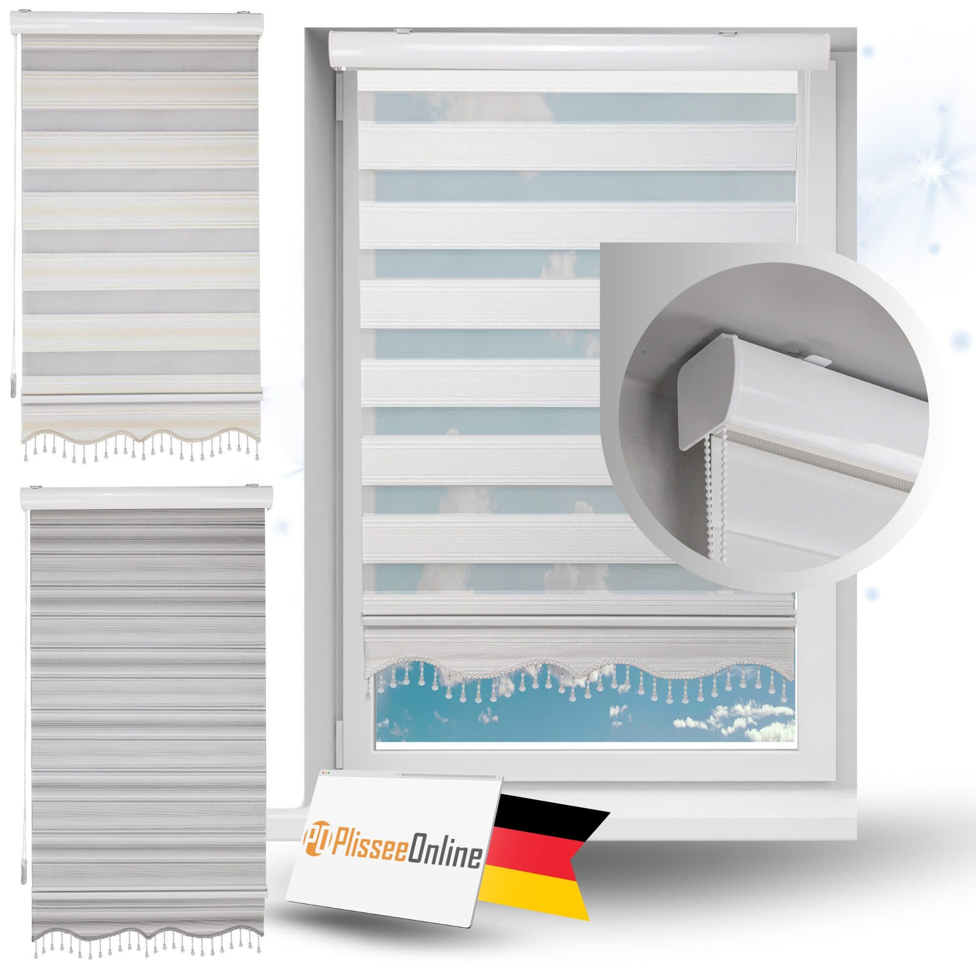 PlisseeOnline Doppelrollo Duorollo Grau/Gold/Weiss mit Kassette und Perlen - Bild 2