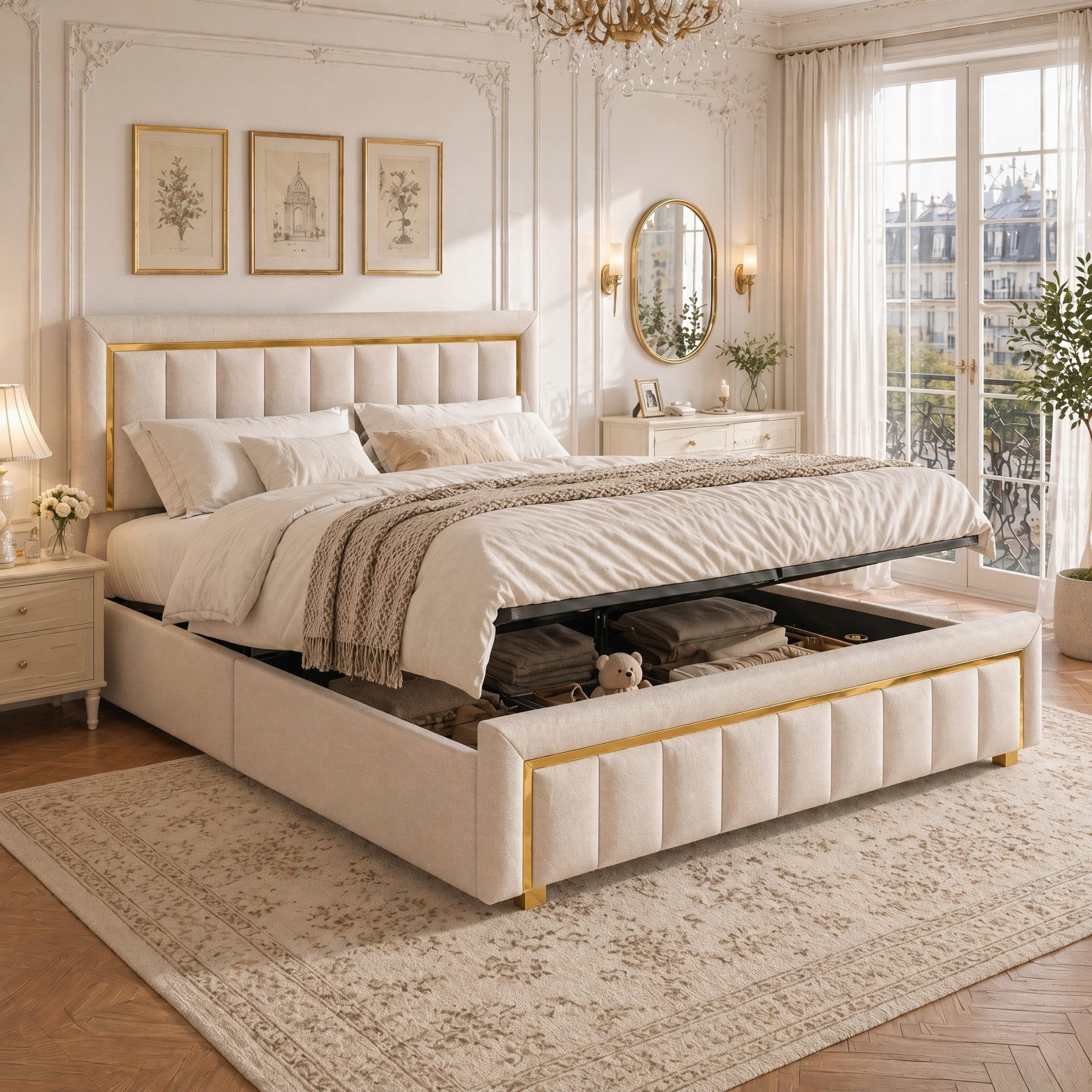 PXloue Stauraumbett Beige mit gepolstertem Kopfteil und Lattenrost - Bild 2