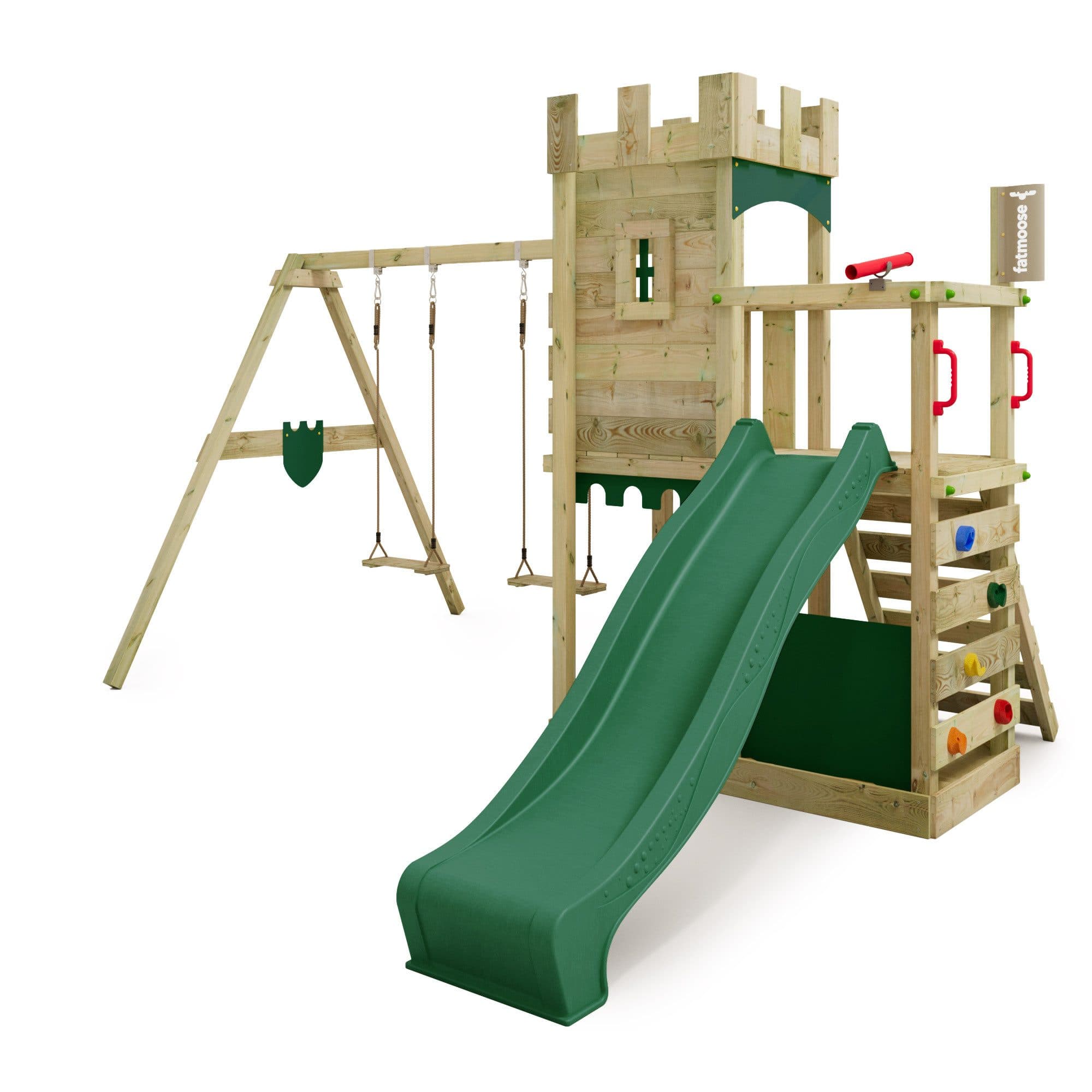 FATMOOSE Spielturm BoldBaron mit Schaukel, Rutsche & Kletterwand, Kletterturm aus Massivholz für Kinder – 10 Jahre Garantie - Bild 2