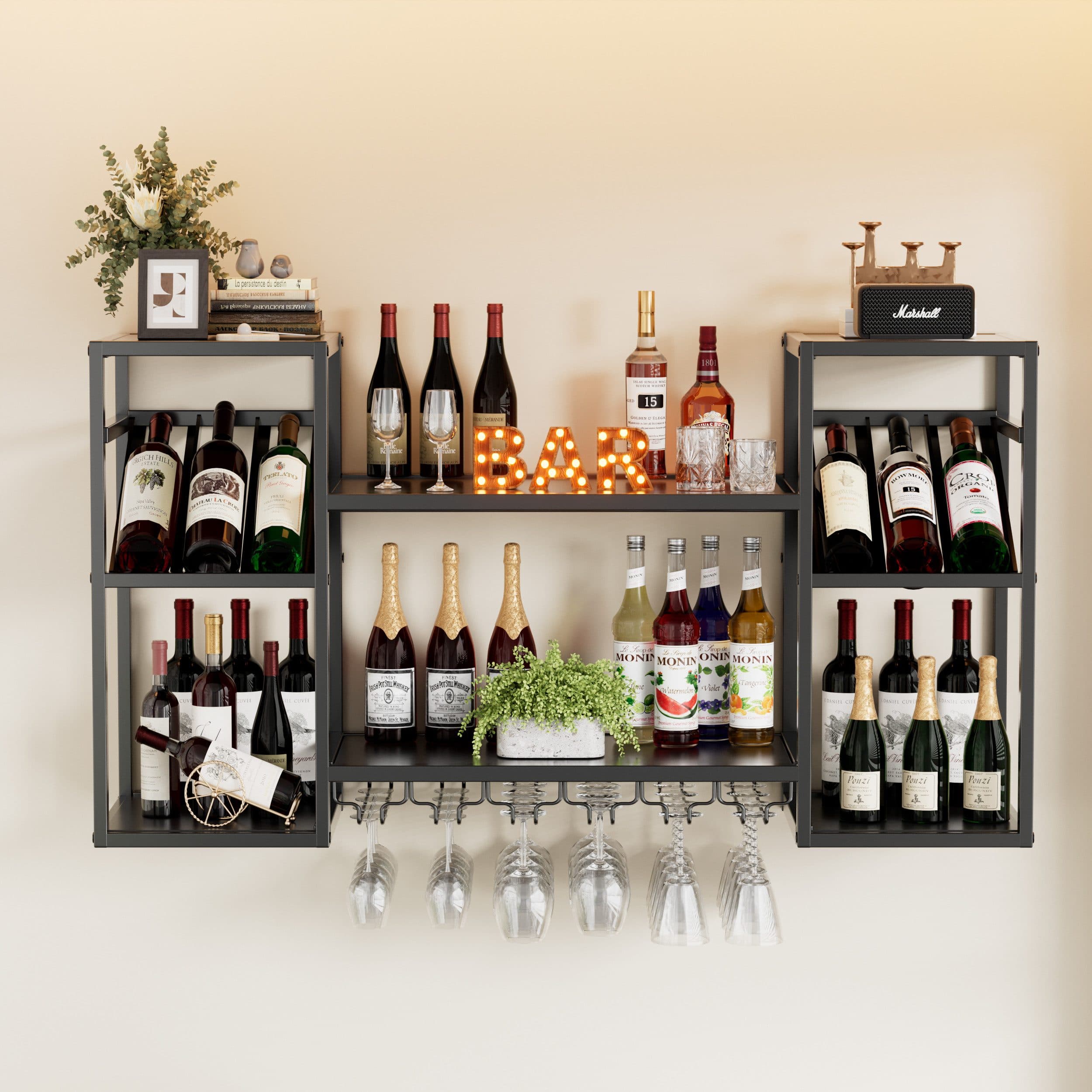 TWSOUL Weinregal Modernes Wand-Weinregal aus Metall mit 3 Ebenen und Glashalter, Schwarz - Bild 2