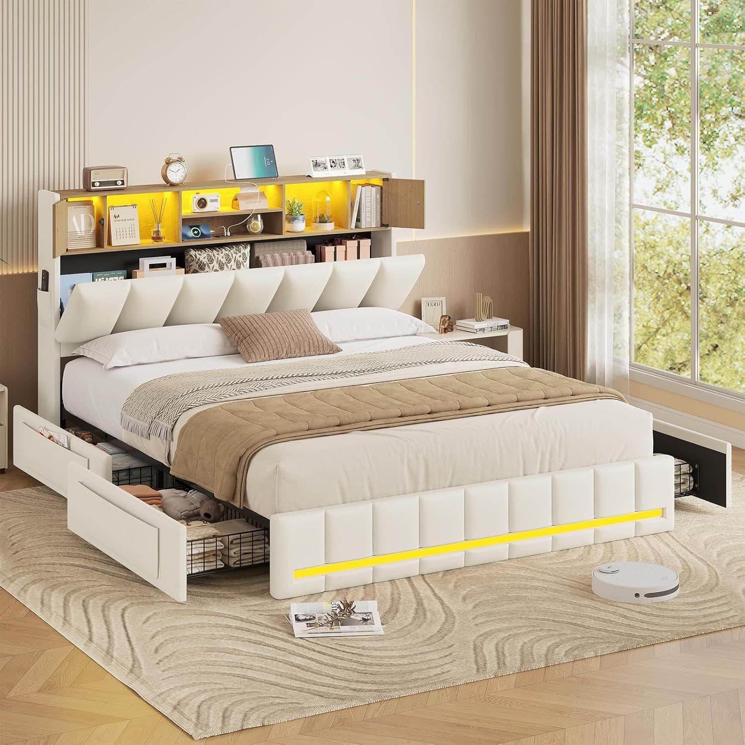 KIMENICH Polsterbett mit LED, 4 Schubladen, Ladestation, 140x190 cm, Weiß - Bild 2