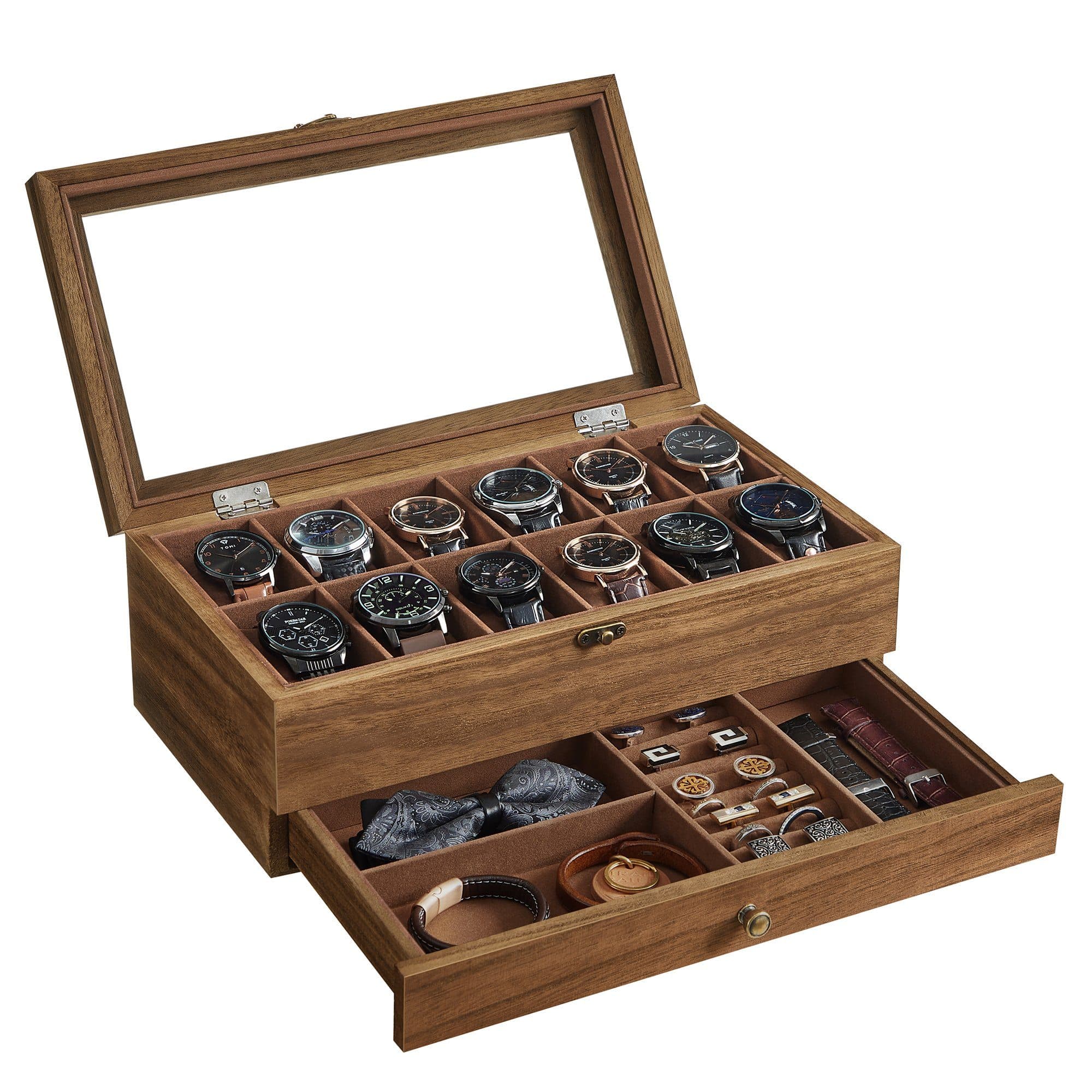 SONGMICS Uhrenbox Uhrenkasten Massivholz Glasdeckel Walnussfarben - Bild 2