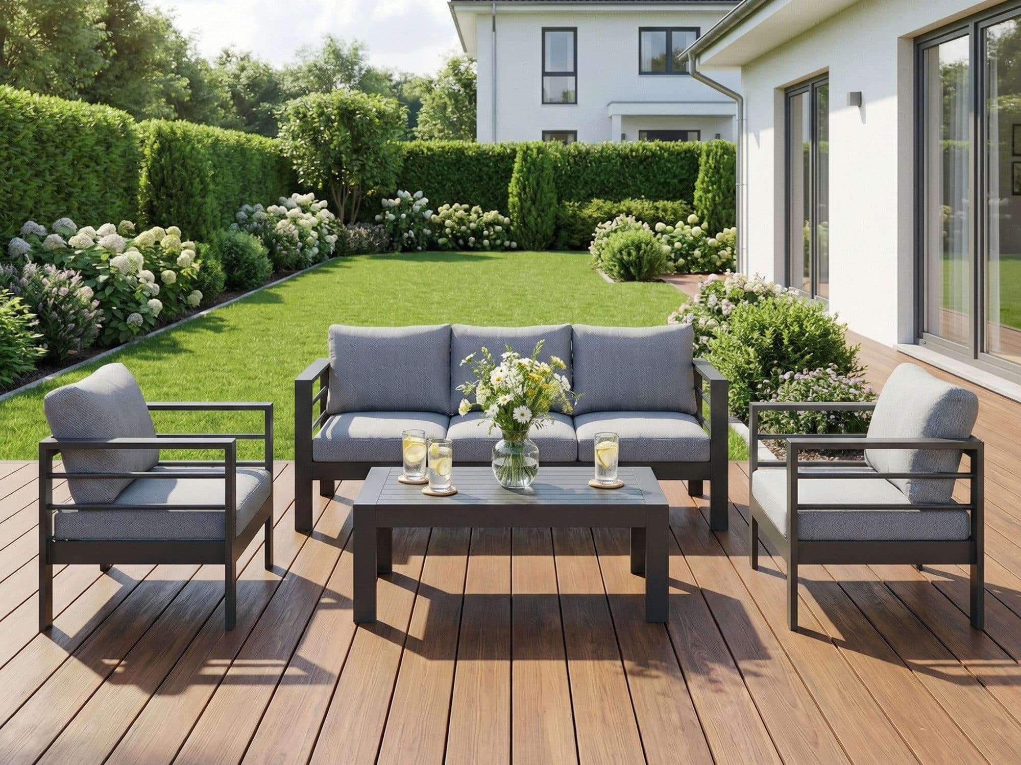 MeXo Gartenlounge-Set 4-tlg. Grau Aluminium Wetterfest mit Kissen - Bild 2