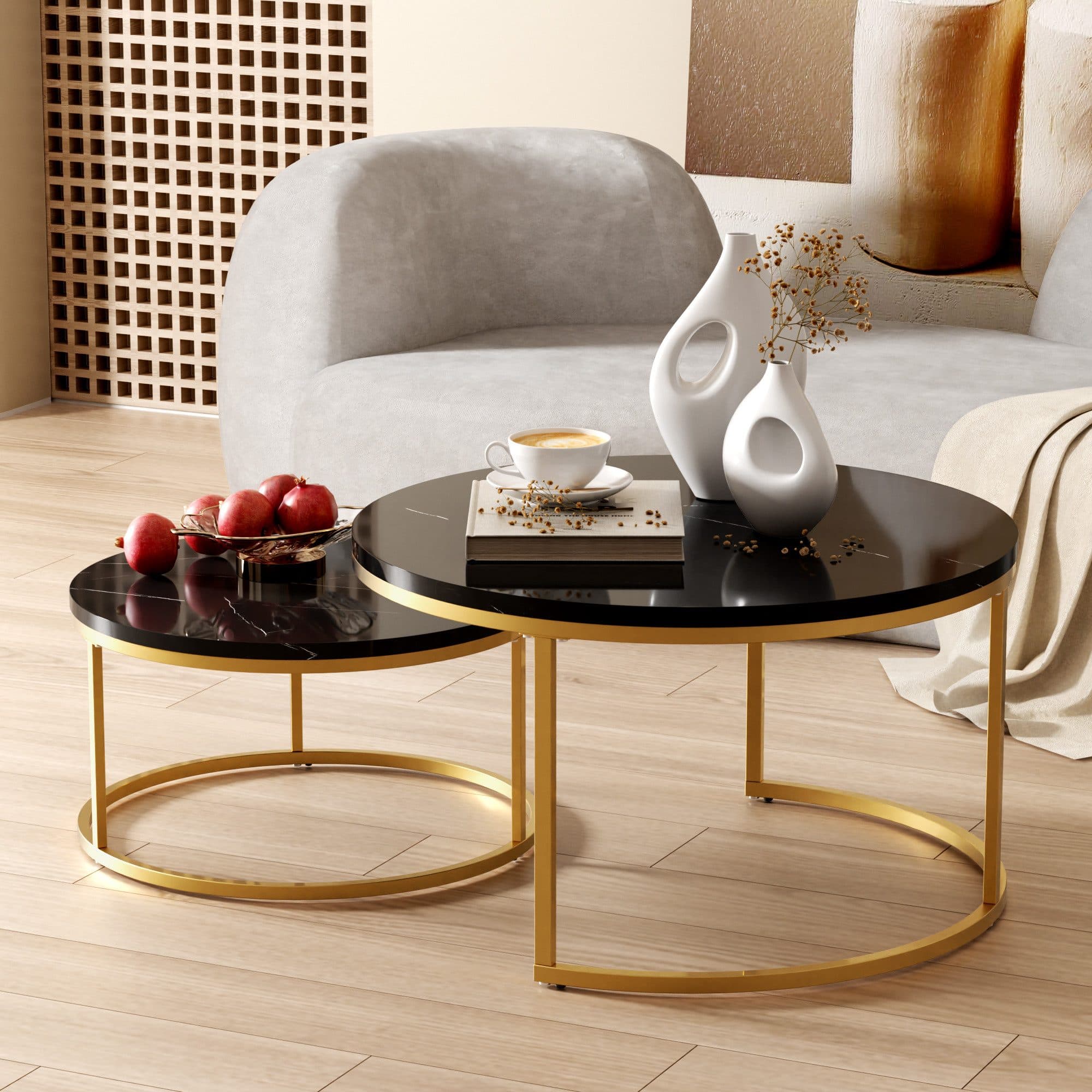 OKWISH Couchtisch Runder Satztisch Schwarz+Gold Marmormuster - Bild 2