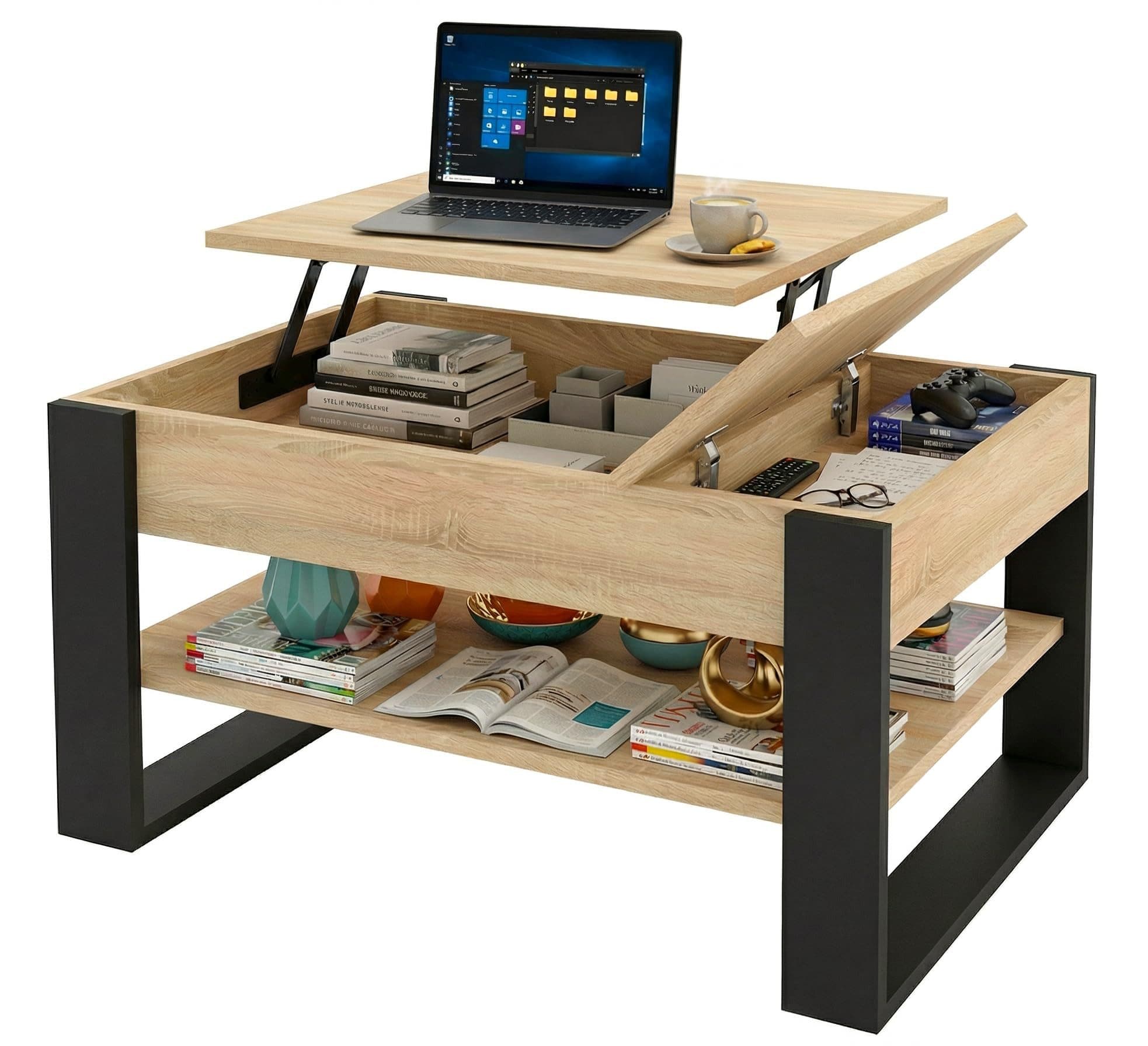 TREND WERK Lift-Couchtisch höhenverstellbar mit Stauraum Beige/Schwarz - Bild 2