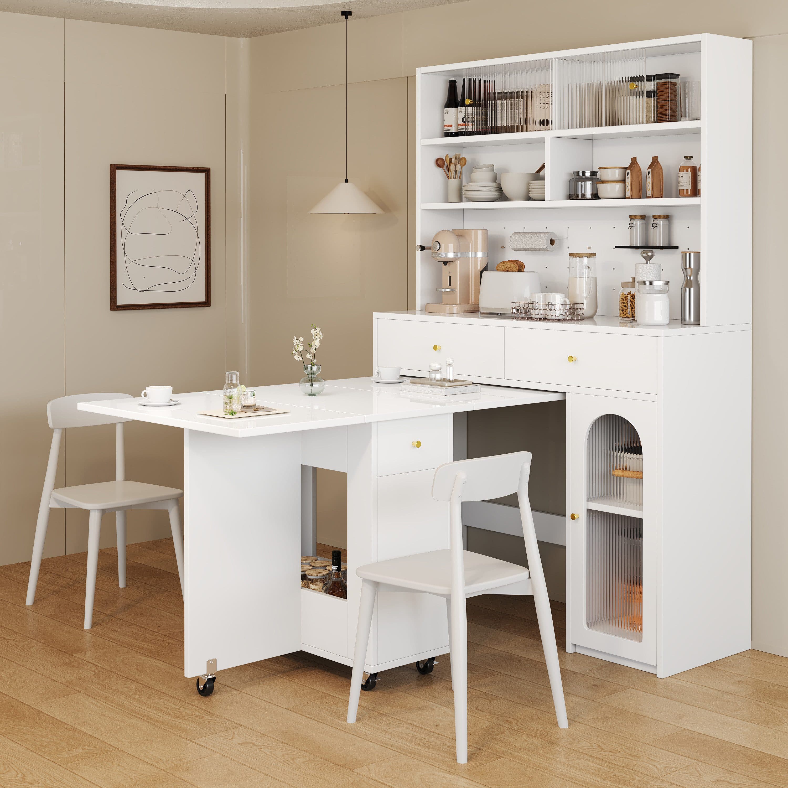 Flieks Küchenbuffet Hochschrank mit klappbarem Esstisch und Rollen - Bild 2