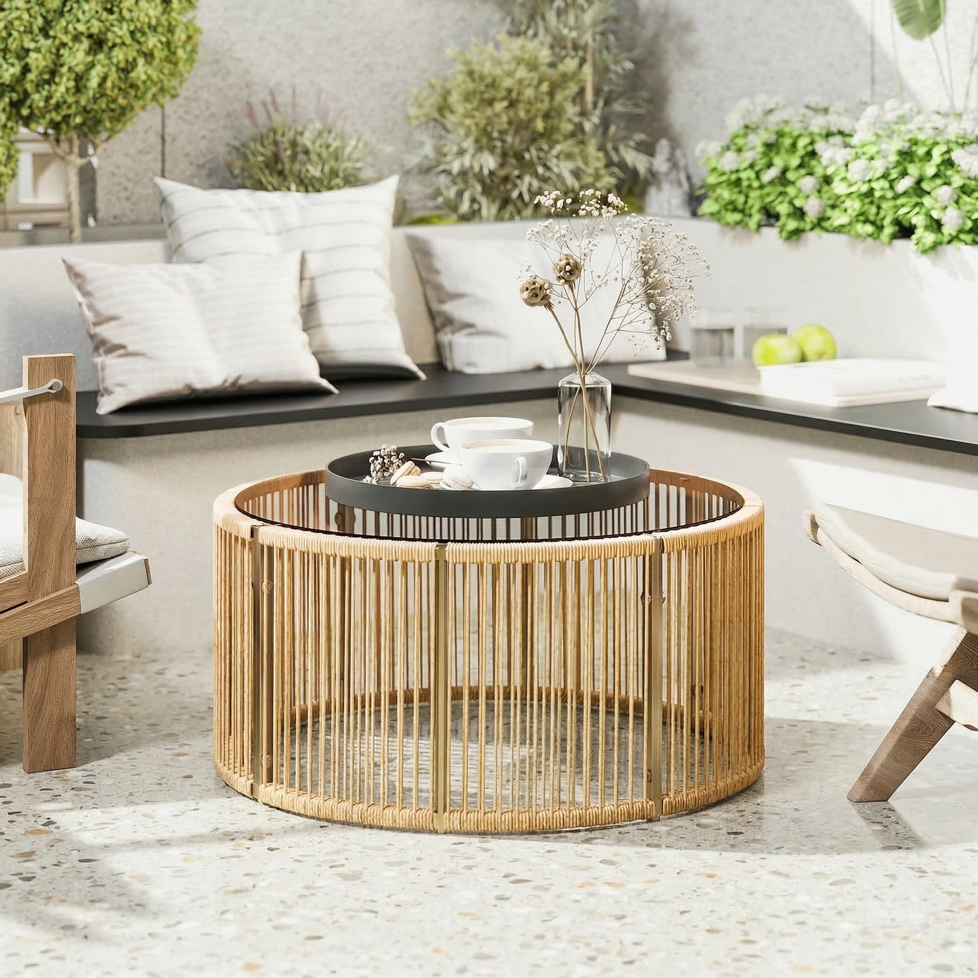 Outsunny Beistelltisch mit Glasplatte und PE-Rattan Braun - Bild 2