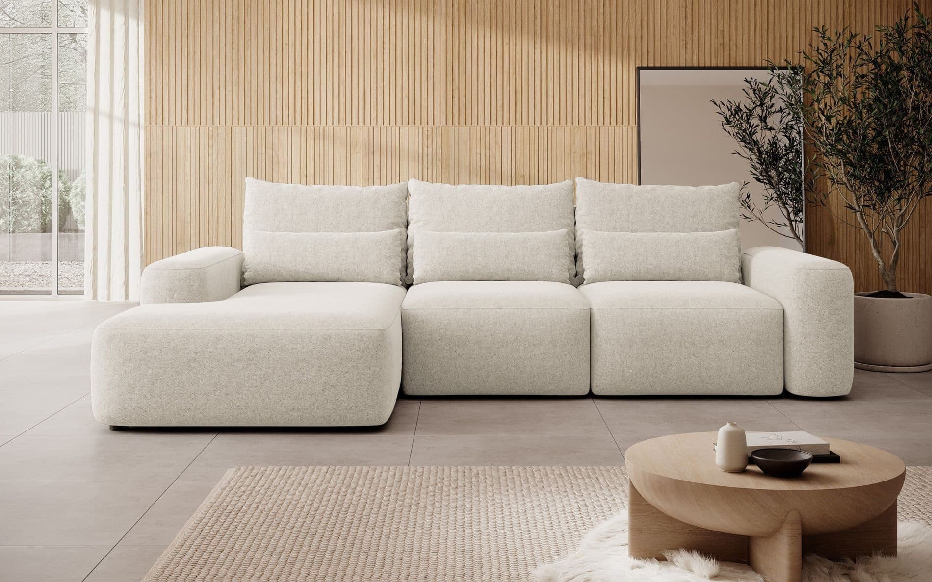 Selsey Ecksofa CARNOS mit Schlaffunktion, Bettkasten und Chenille-Bezug in Beige - Bild 2