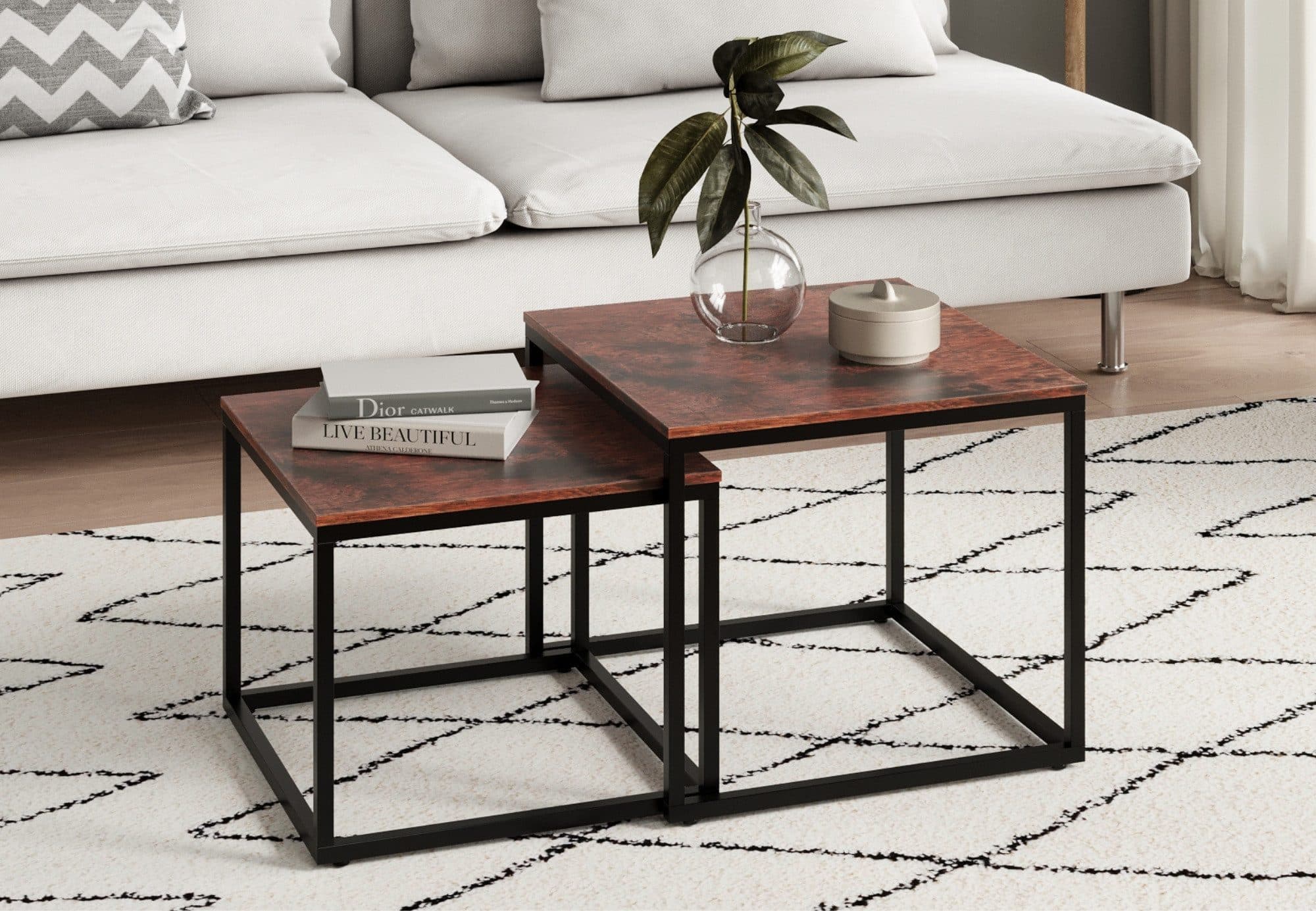 Home Collective Couchtisch Set 2er aus Holz, Wohnzimmertisch Modern, Beistelltisch Set 2 in 1 mit Metallgestell, kratzfeste Oberfläche, quadratisch in Eiche dunkel - Bild 2