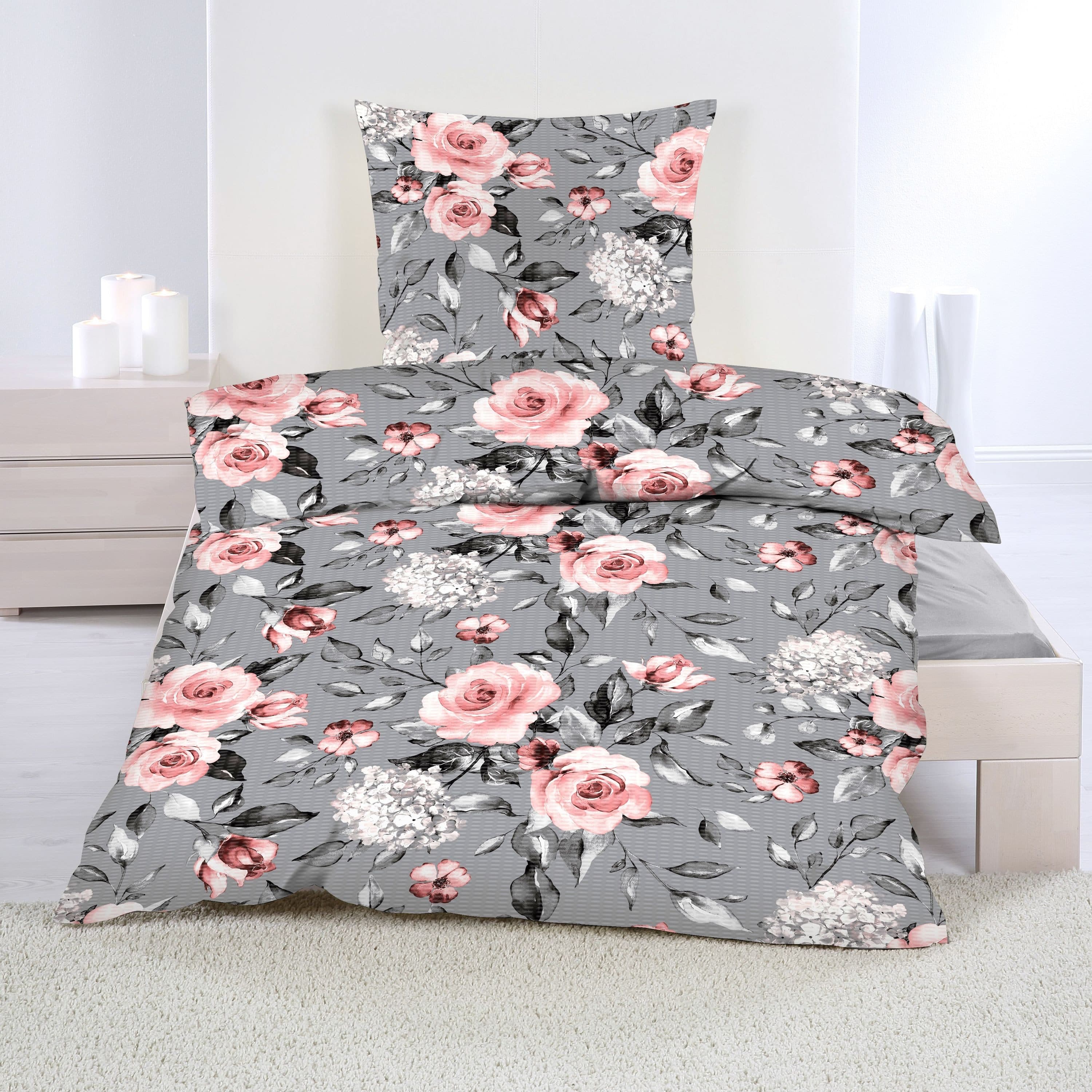 Casa Colori Bettwäsche Seersucker 2-tlg. Rosa Rosen Grau