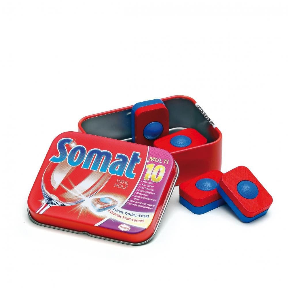 Erzi® Spiellebensmittel Geschirrspültabs Somat Dose 4-tlg. Holz Bunt