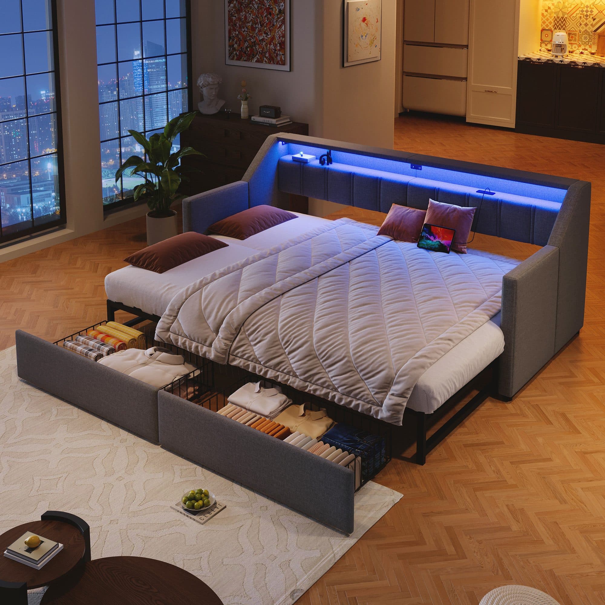 Flieks Daybett Polsterbett 90/180x200cm mit USB-Aufladen, LED-Leiste und 2 Schubladen - Bild 2