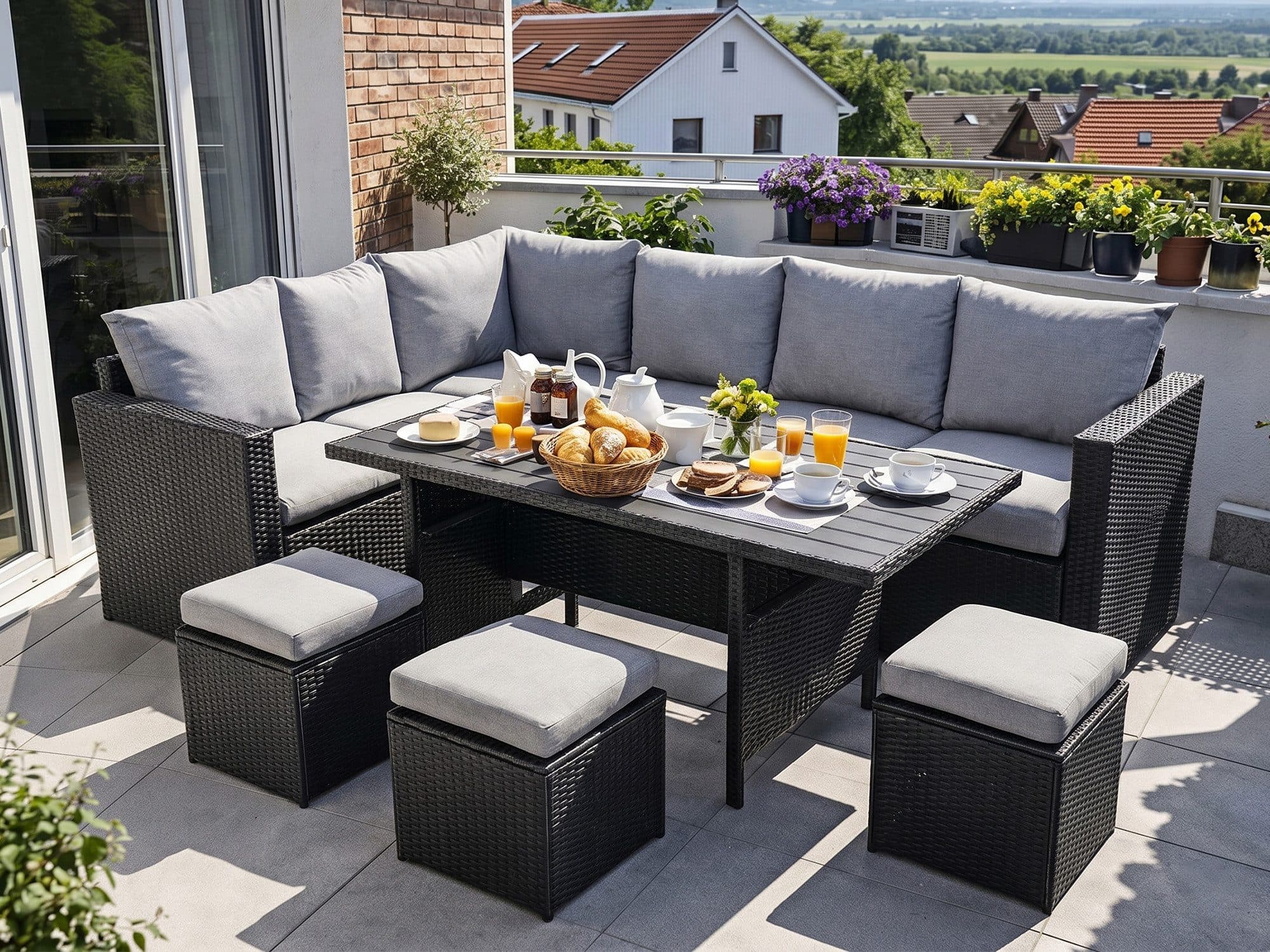 MeXo Gartenlounge-Set 7-tlg. Schwarz Polyrattan Outdoor - Bild 2