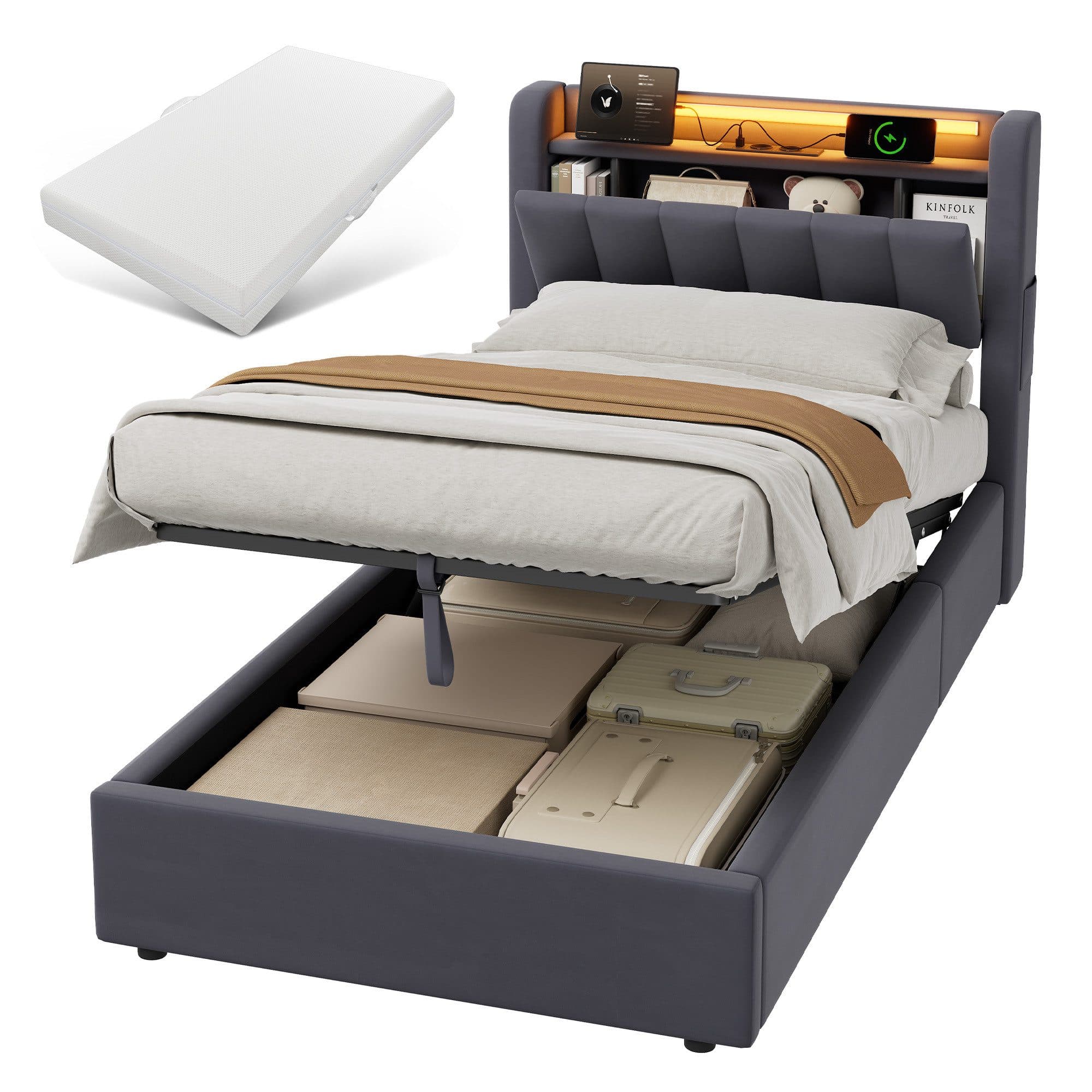 REDOM Polsterbett grau mit LED, USB & Bettkasten - Bild 2
