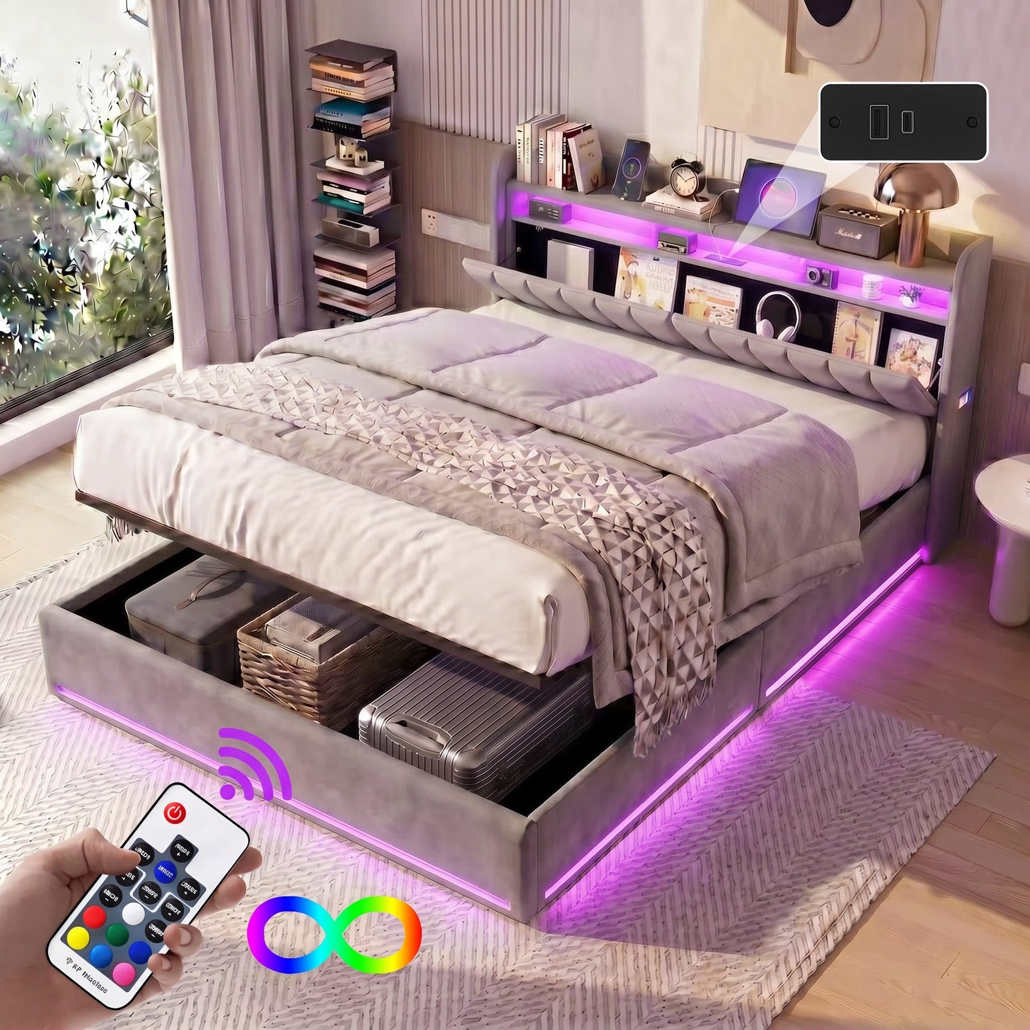 Gdood Polsterbett mit LED, USB & Stauraum Grau - Bild 2