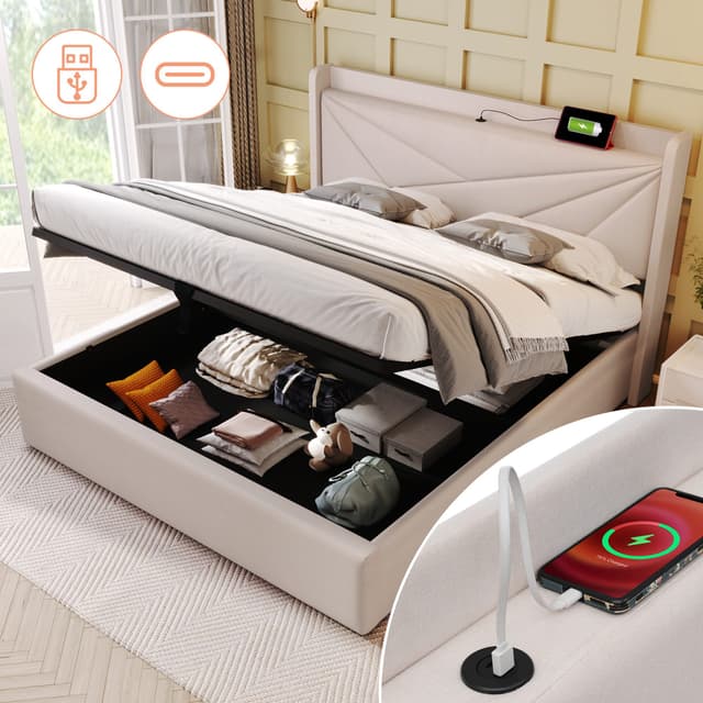 Hydraulisches Stauraumbett mit Lattenrost und USB-Ladefunktion (Doppelbett)