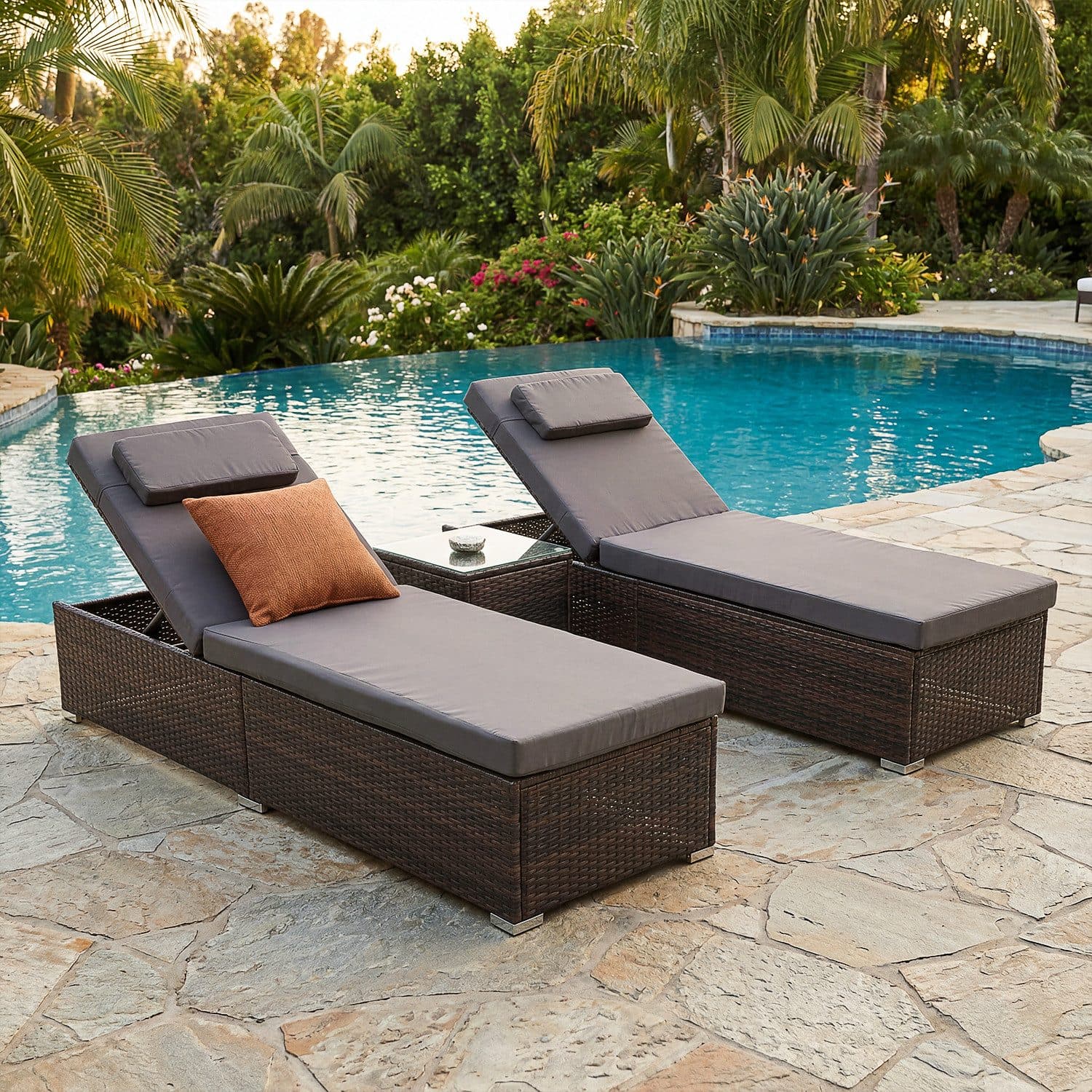 oyajia 2-Personen Polyrattan Sonnenliege mit Glastisch Braun - Bild 2