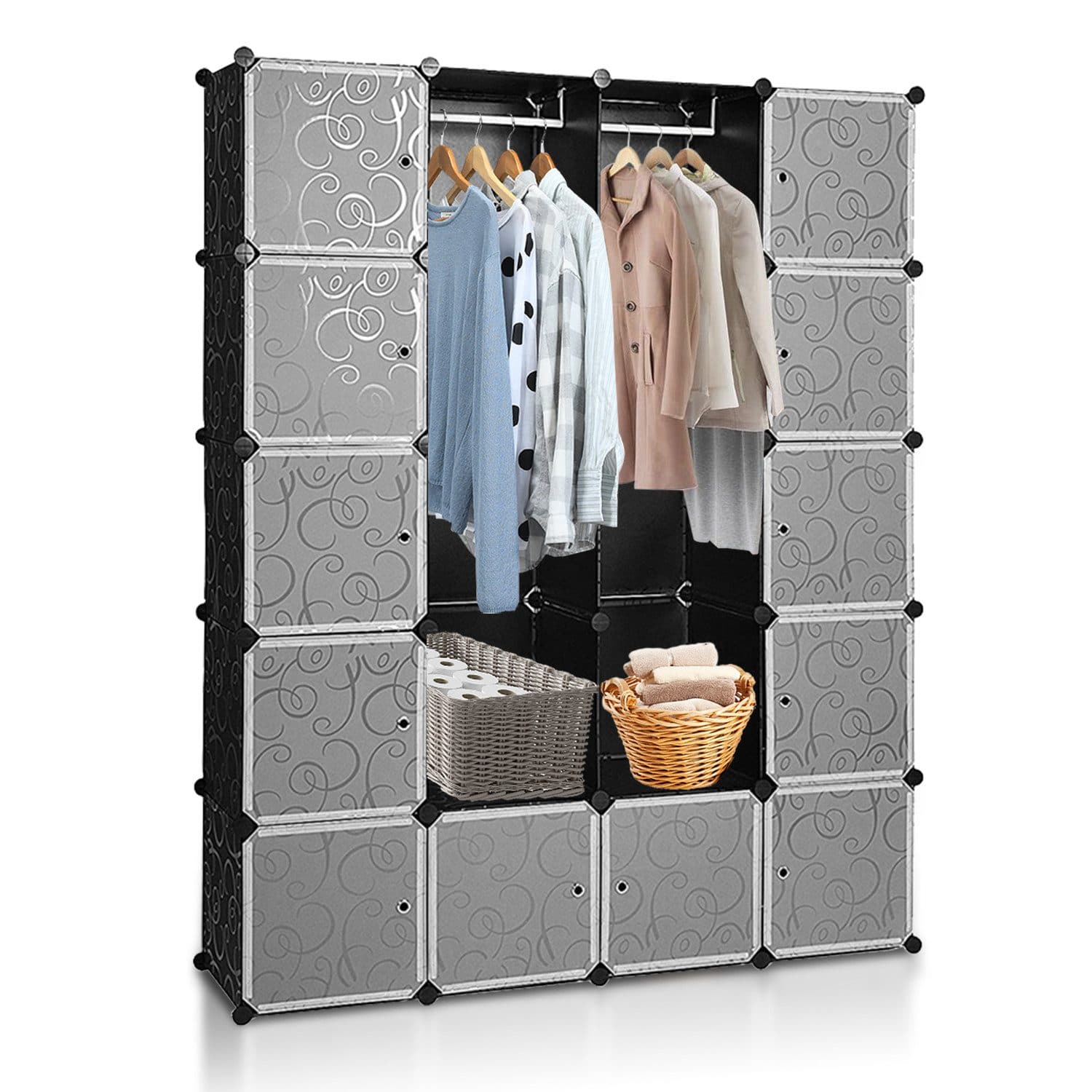 Clanmacy Kleiderschrank DIY Regalsystem Schwarz/Weiß mit Türen - Bild 2