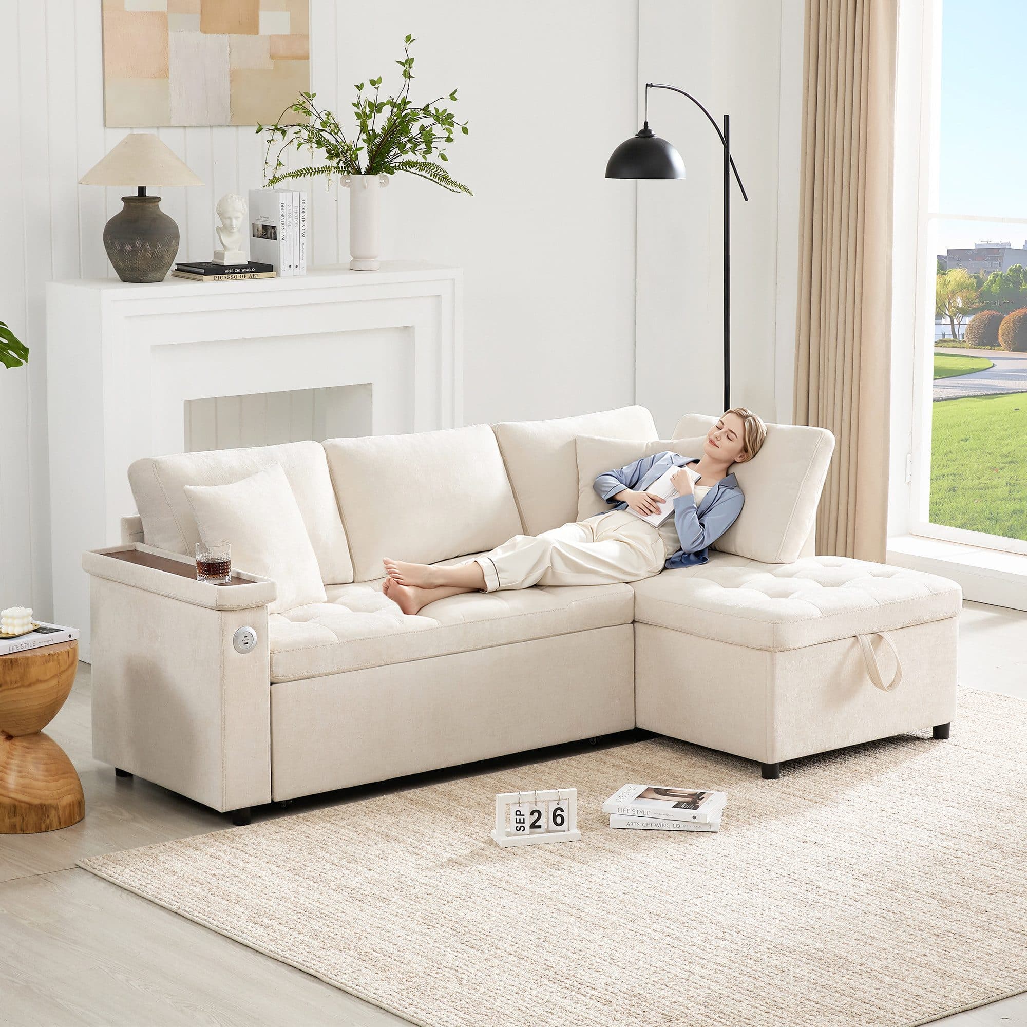 i@home Ecksofa L-Sofa Schlafsofa Beige/Grau mit Stauraum USB - Bild 2