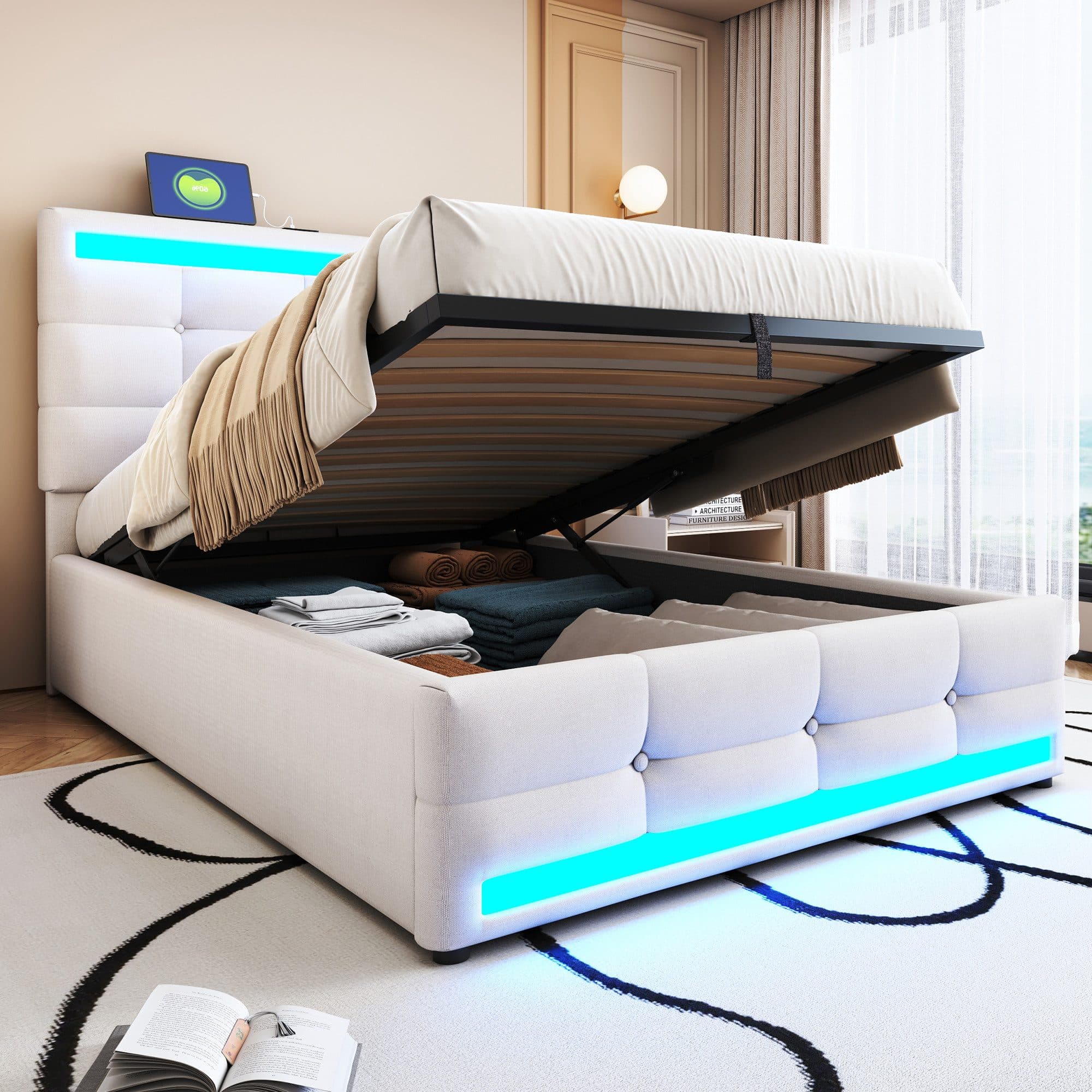 Flieks Polsterbett LED Einzelbett Stauraumbett USB-Anschluss 90x200cm Leinen - Bild 2