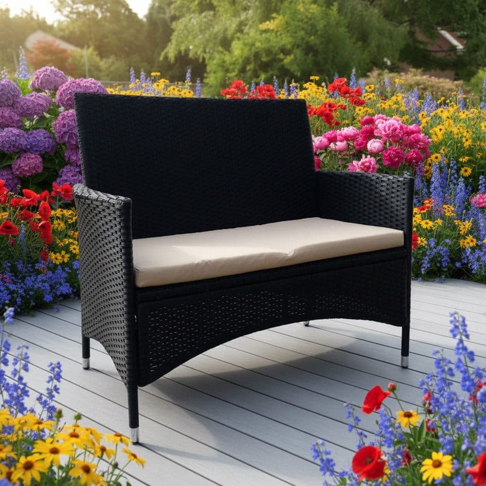 Melko Gartenbank Polyrattan Schwarz mit Kissen - Bild 2