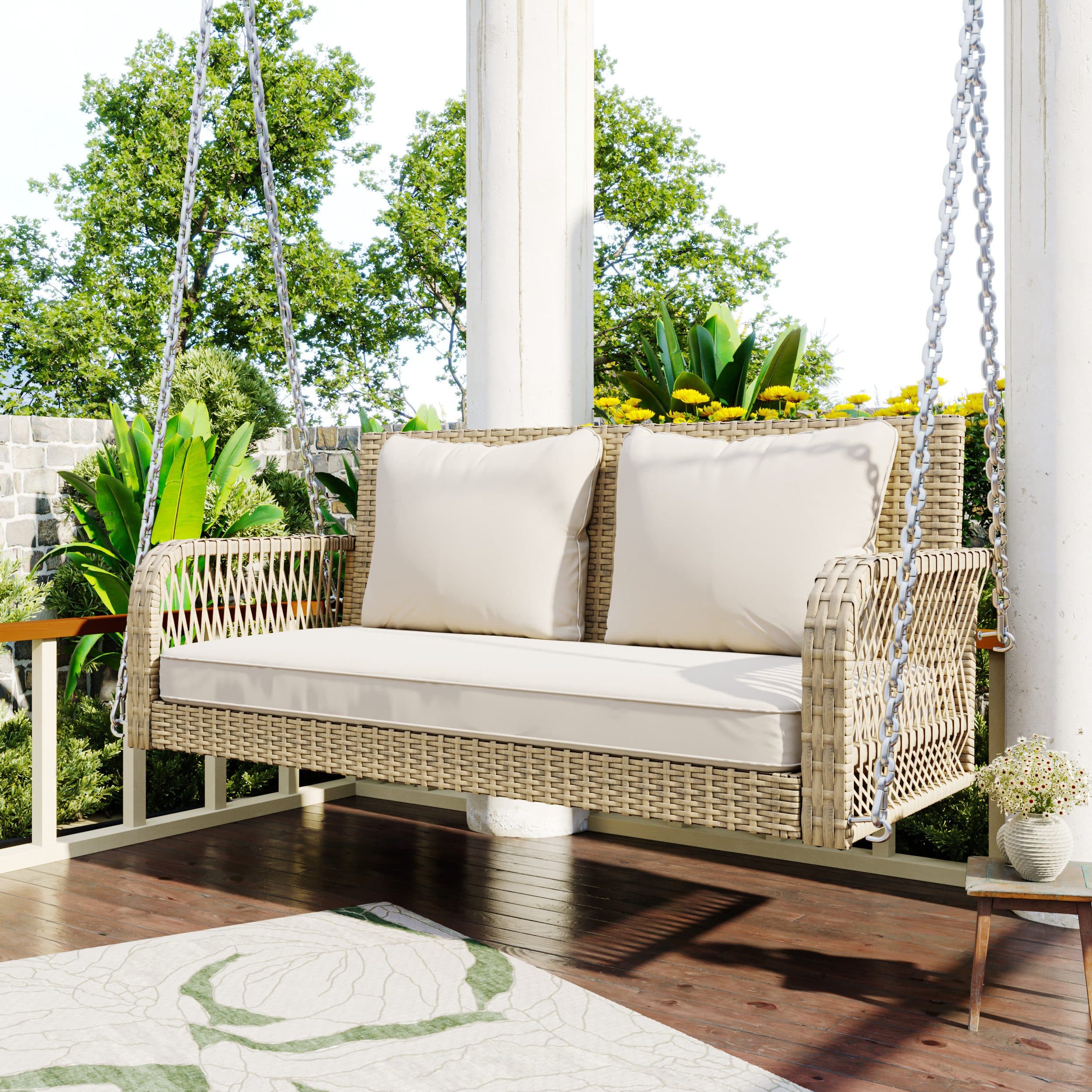 Merax Hollywoodschaukel Polyrattan 2-Sitzer Beige mit Kissen - Bild 2