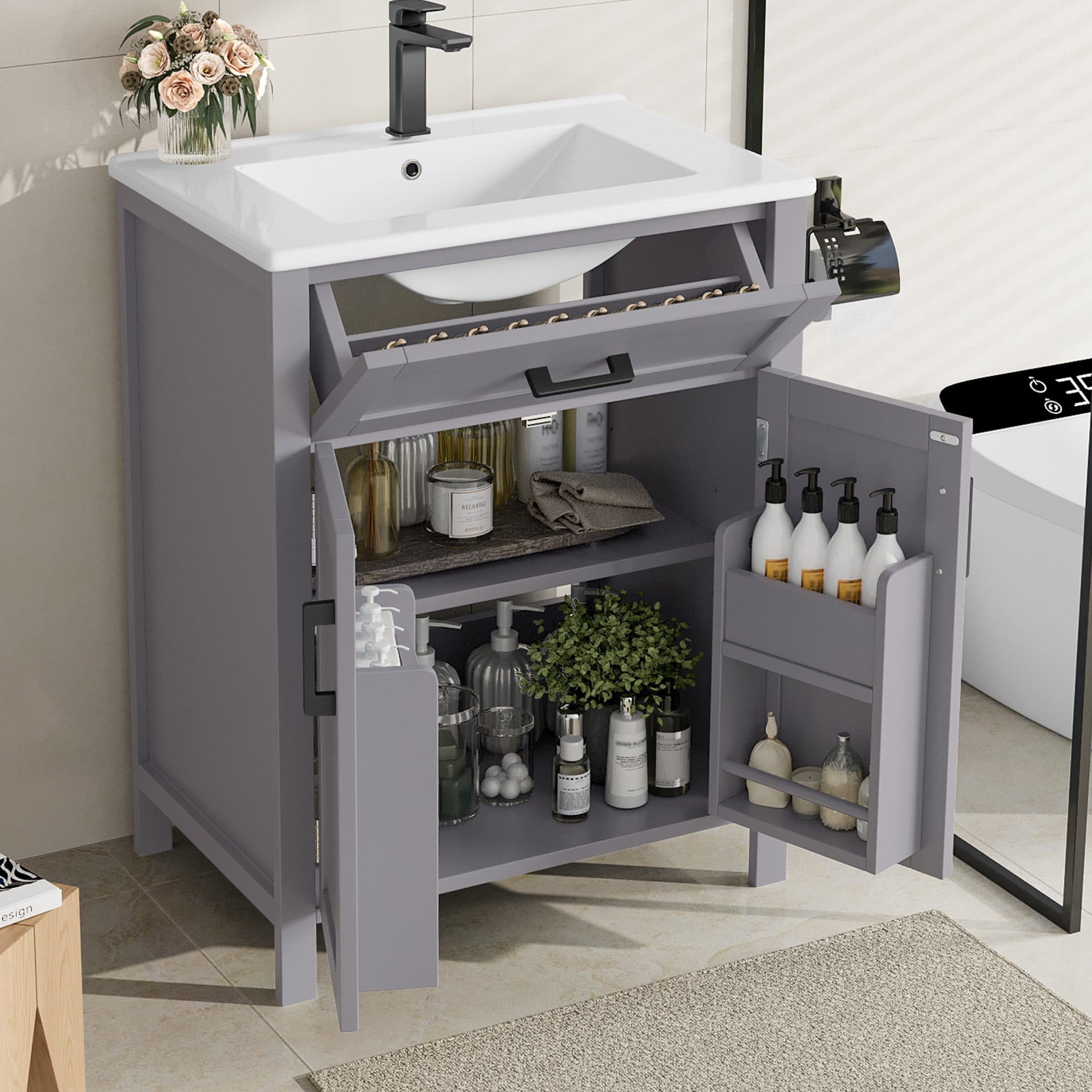 Flieks Waschtischunterschrank Grau mit Waschbecken und Klappen - Bild 2