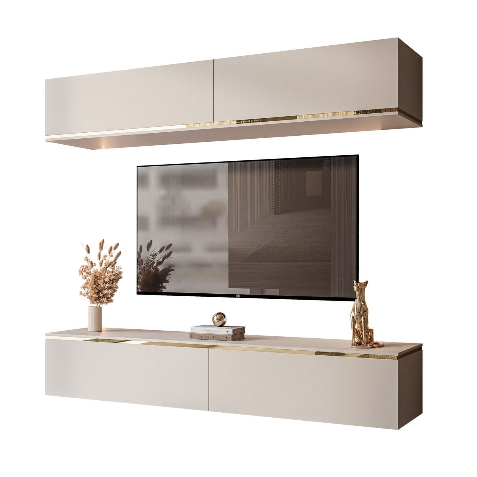 Hängende Wohnwand AURORA mit Kaschmir-Fronten und LED-Beleuchtung