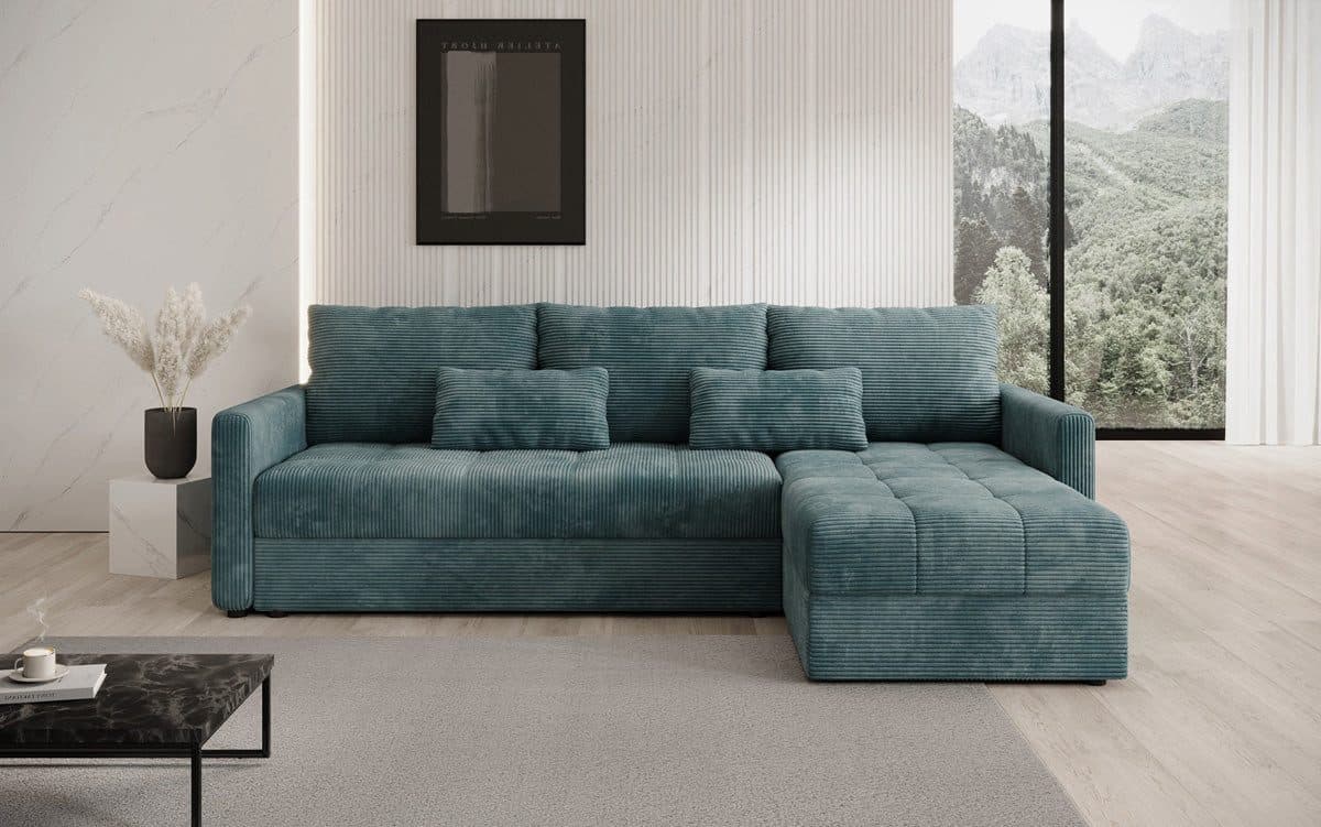 Luxusbetten24 Schlafsofa Roma Cord Tuerkis mit Stauraum