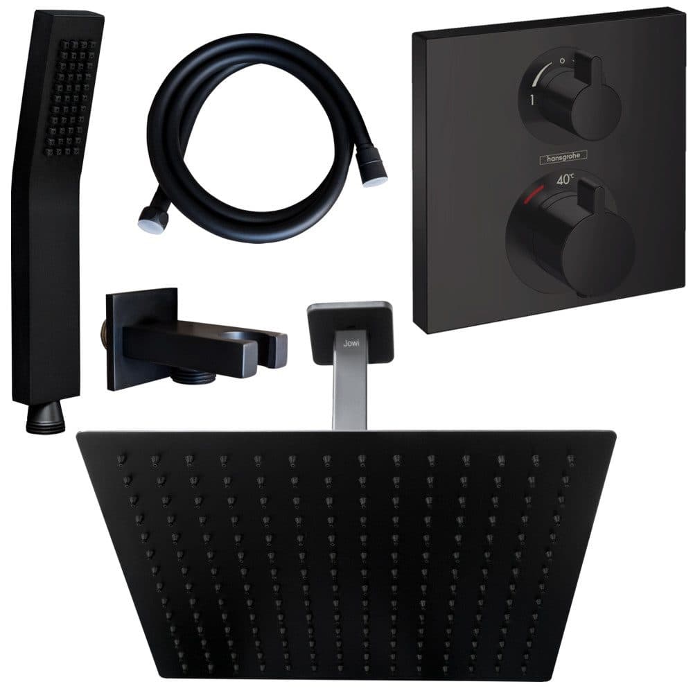 Hansgrohe und Jowi Duscharmatur Ecostat Square Thermostat Schwarz Regendusche Deckenanschluss